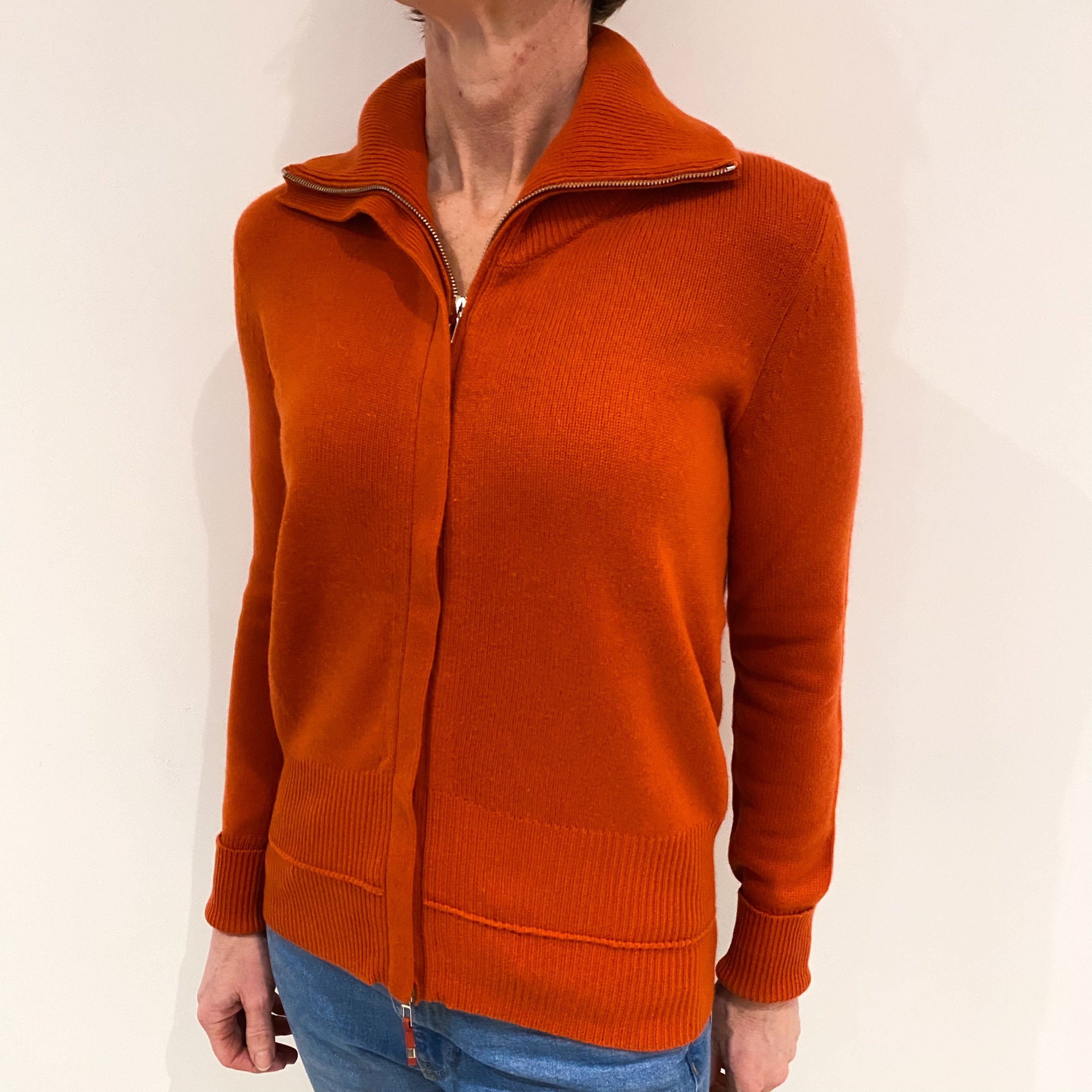 Pumpkin Orange Heavy Knit Cashmere Zip Up Cardigan Small