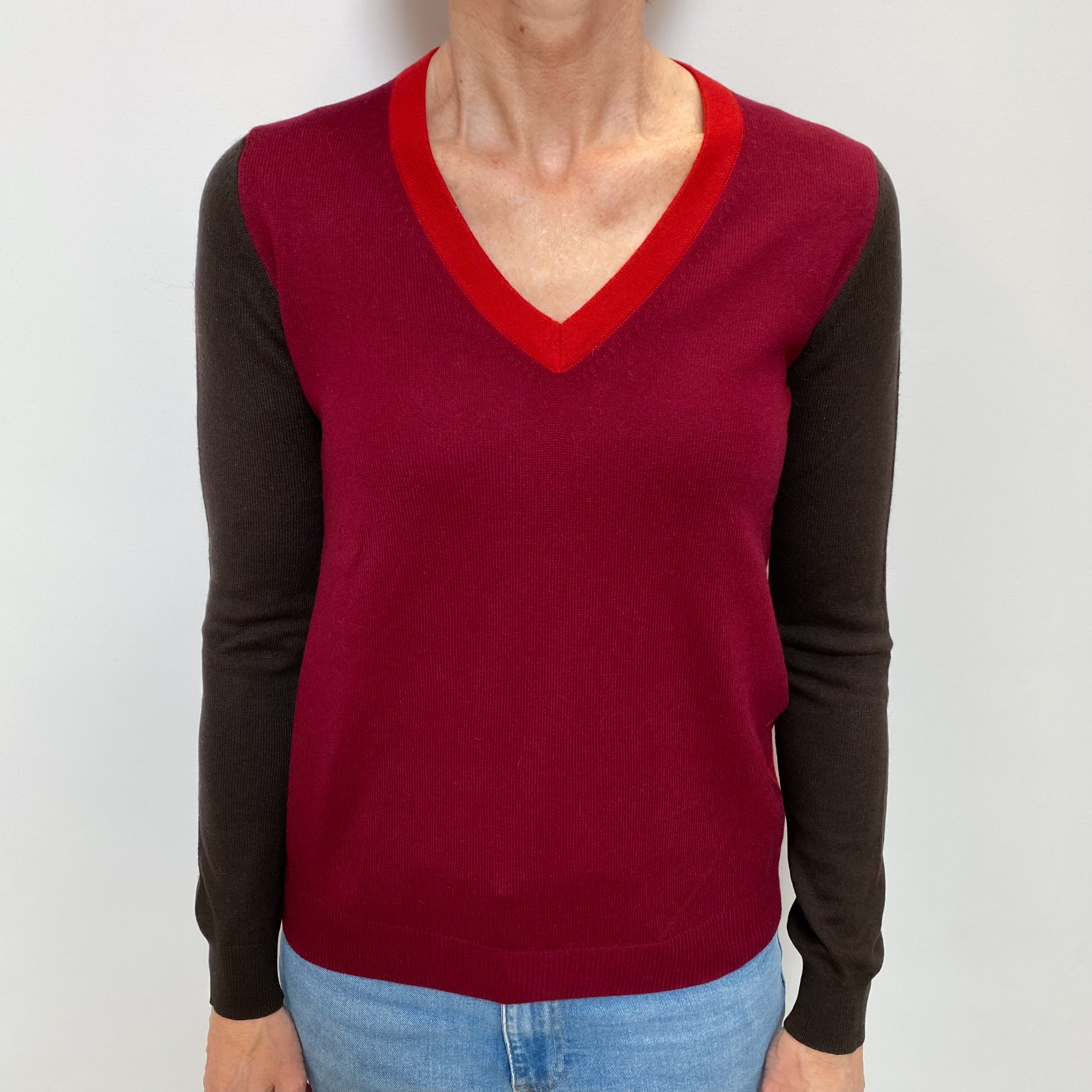 Burgundy Colour Block Cashmere V Neck Jumper Small