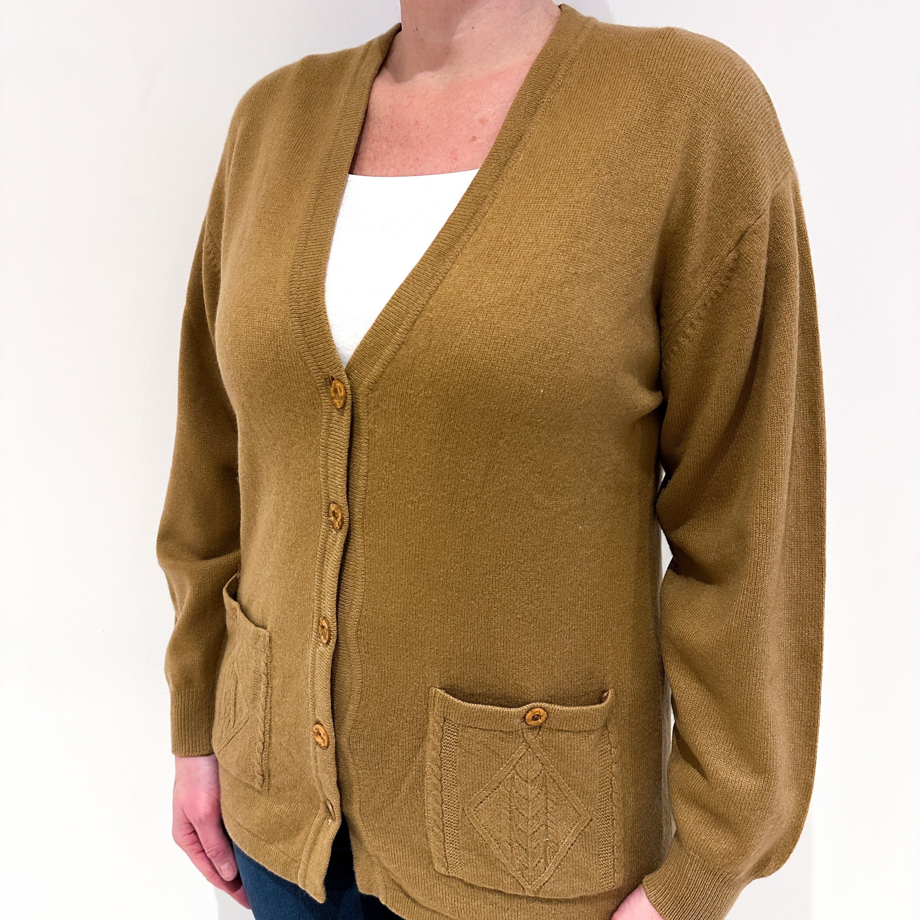 Tan Brown Cashmere V Neck Cardigan with Pockets Large