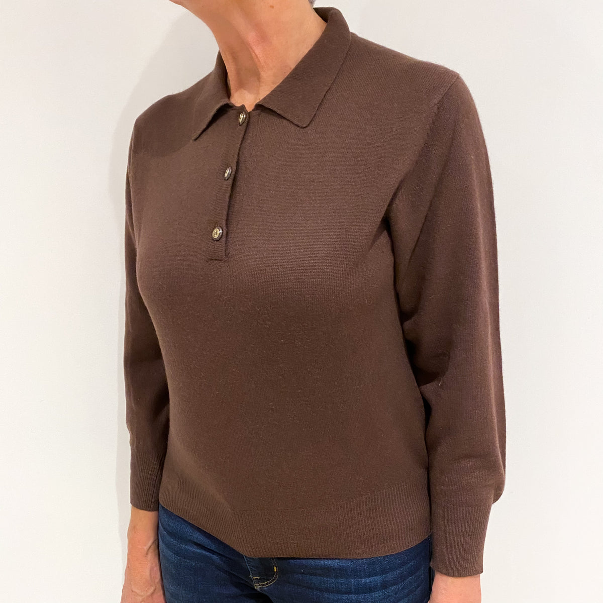 Pecan Brown Cashmere Collared 1/4 Button Jumper Medium