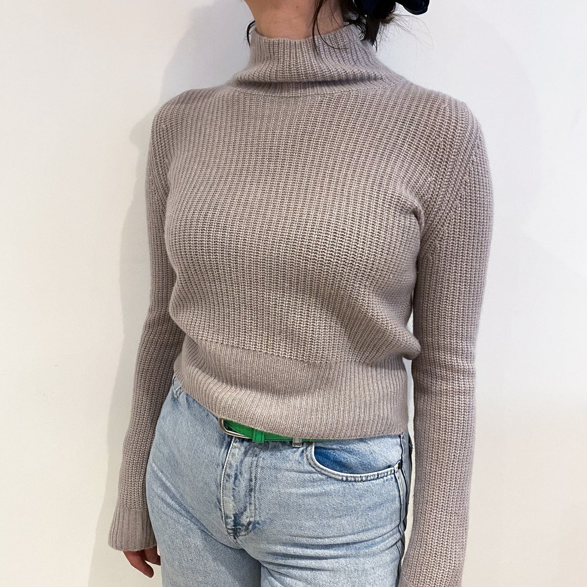 Dusty Grey Cashmere Funnel Neck Lace Up Back Jumper Small