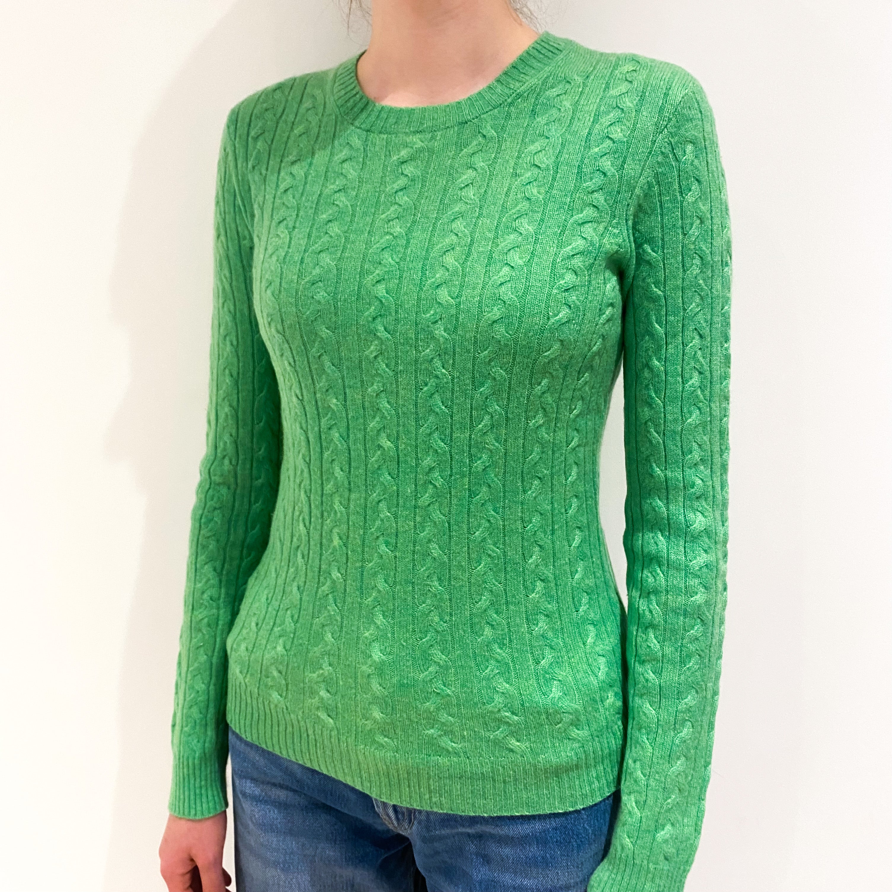 Bright Green Cable Cashmere Crew Neck Jumper Extra Small