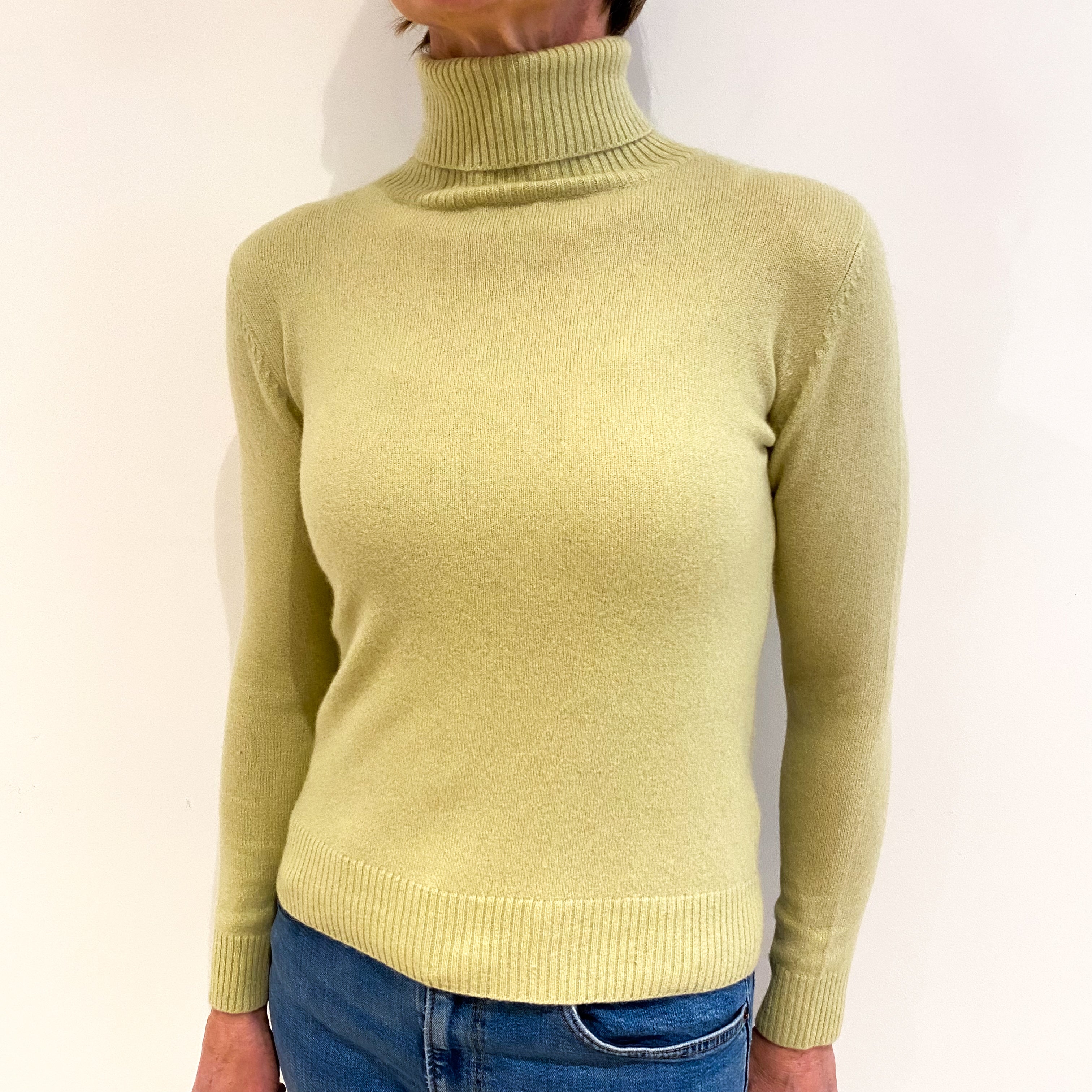 Pear Green Cashmere Polo Neck Jumper Small