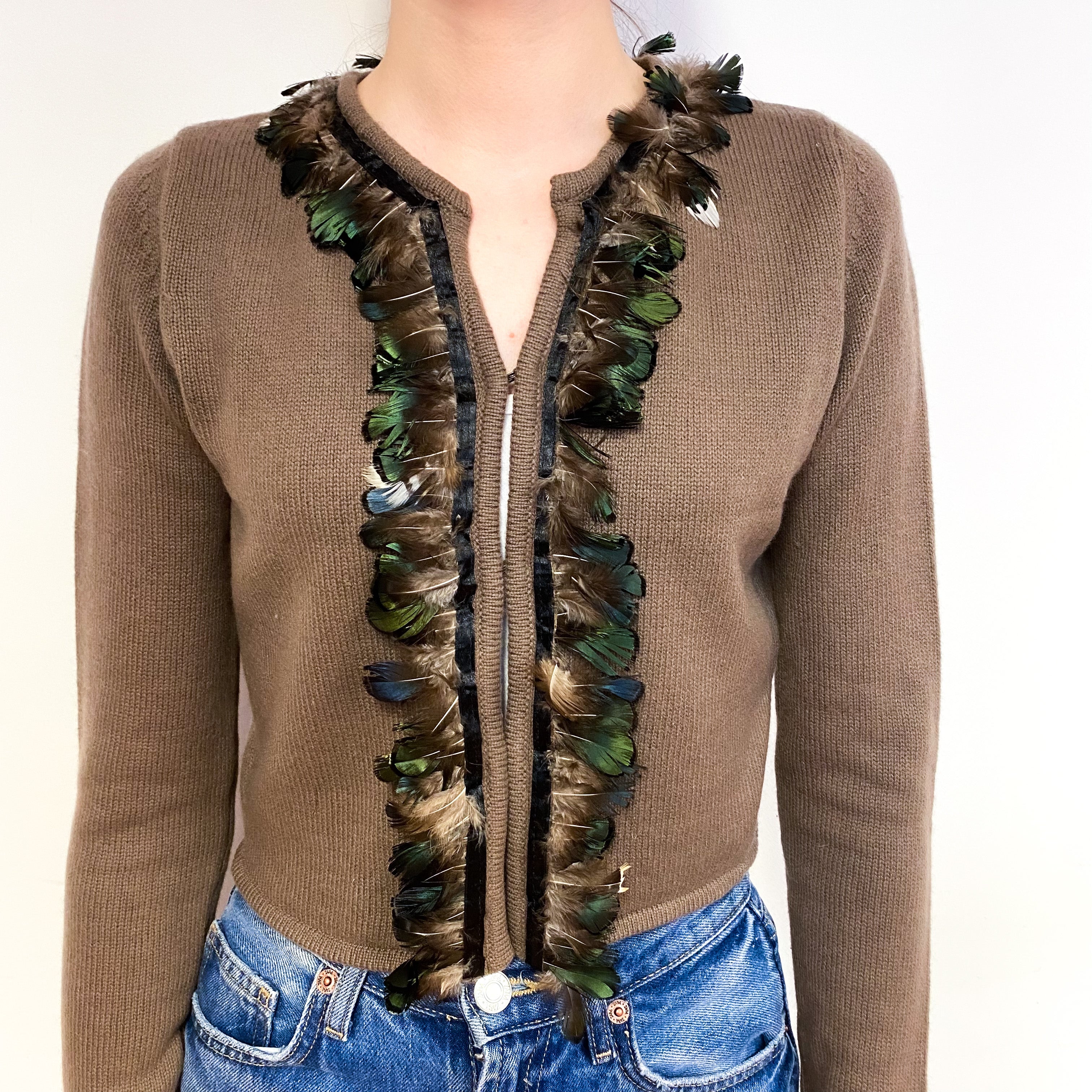 Kinga Mathe Brown Feathered Cashmere Cropped Cardigan Extra Small