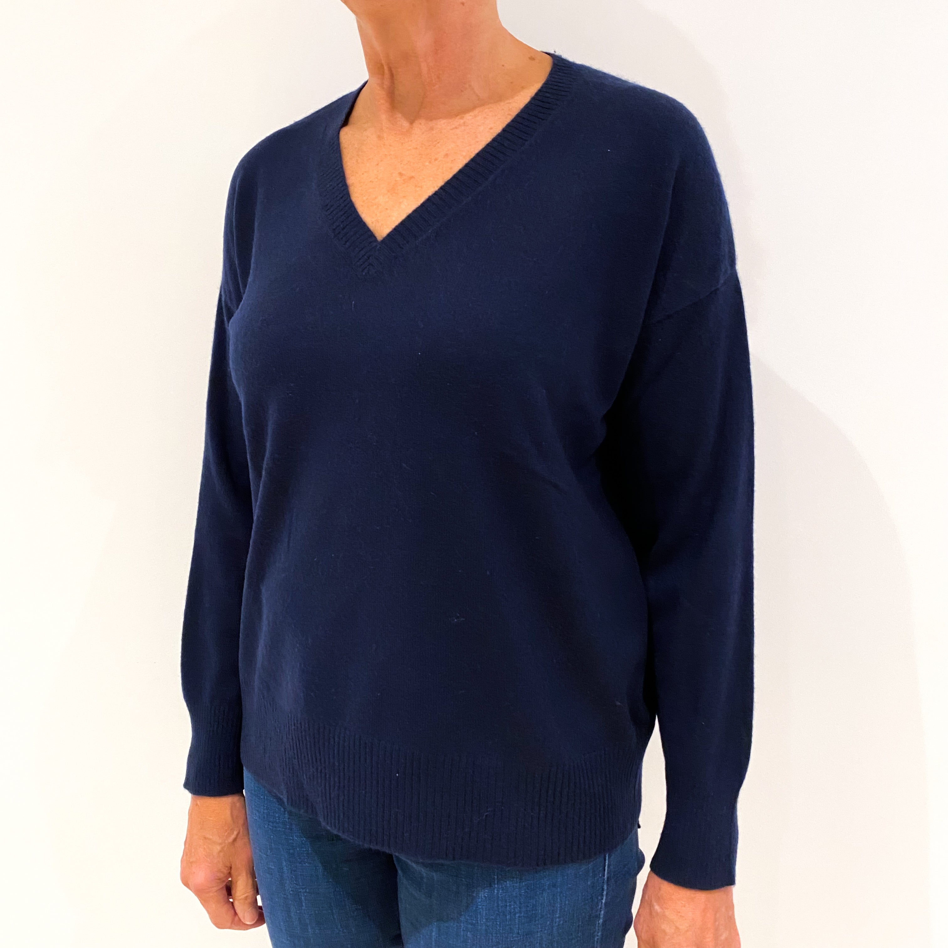 Midnight Blue Cashmere V-Neck Jumper Medium