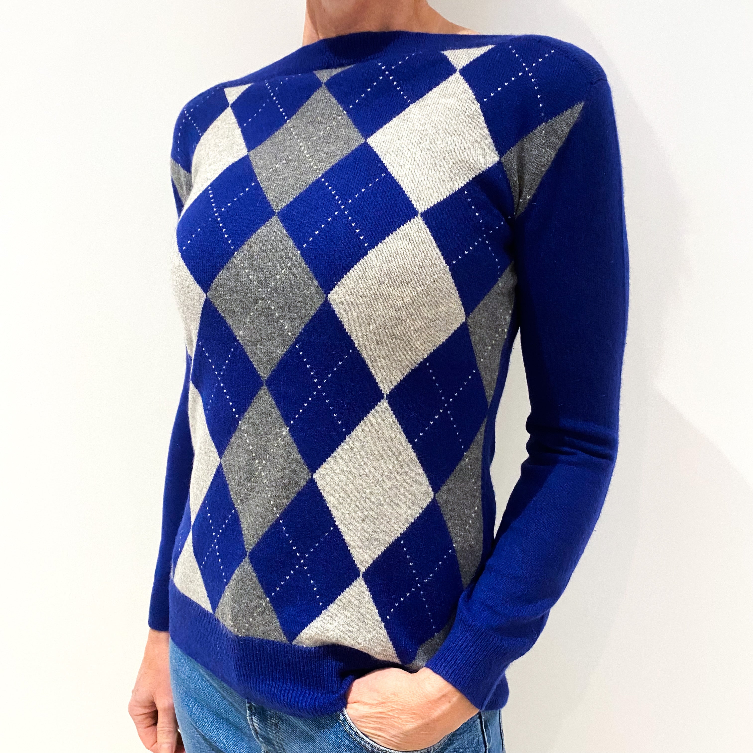 Blue and Grey Argyle Cashmere Boat Neck Jumper Small