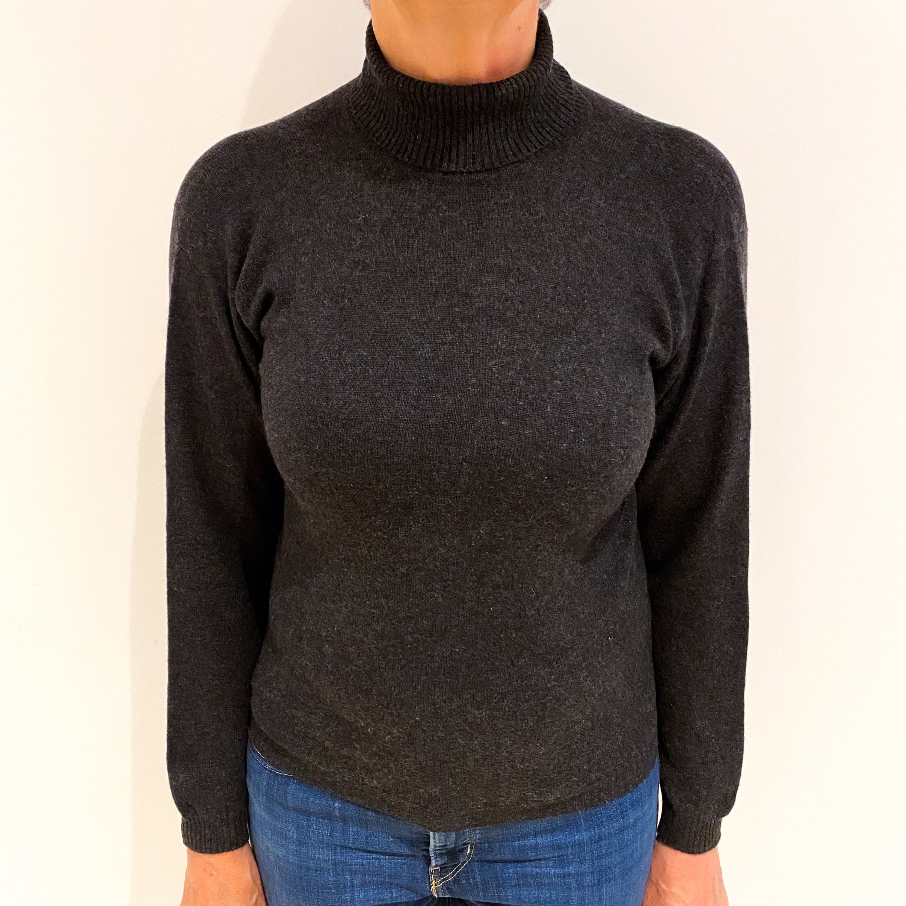 Charcoal Grey Cashmere Polo Neck Jumper Medium