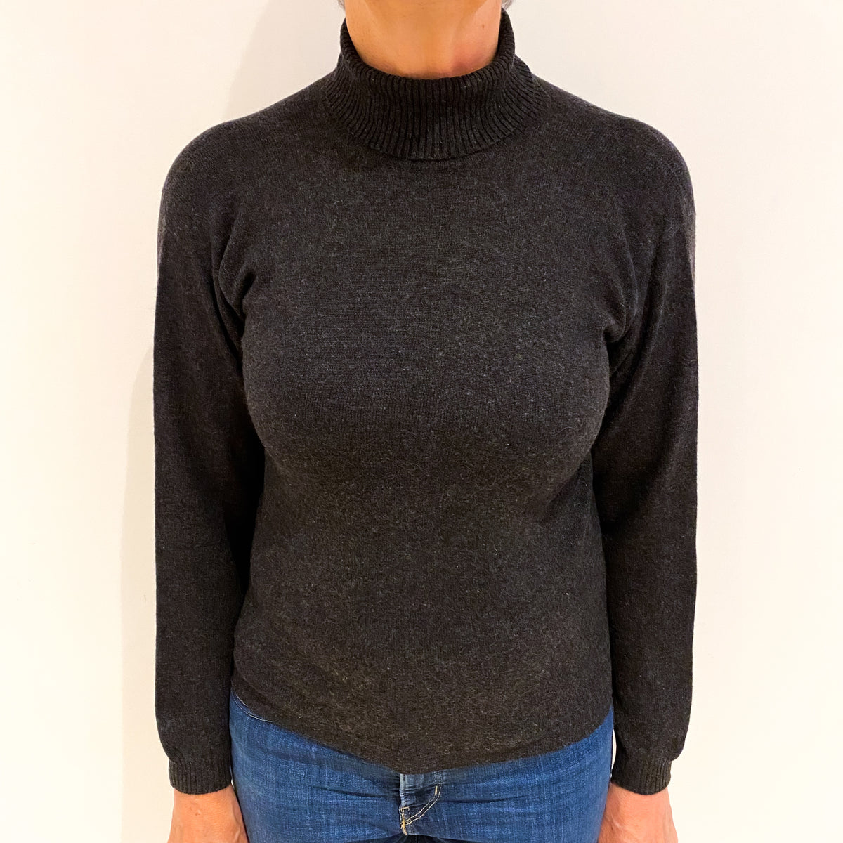 Charcoal Grey Cashmere Polo Neck Jumper Medium