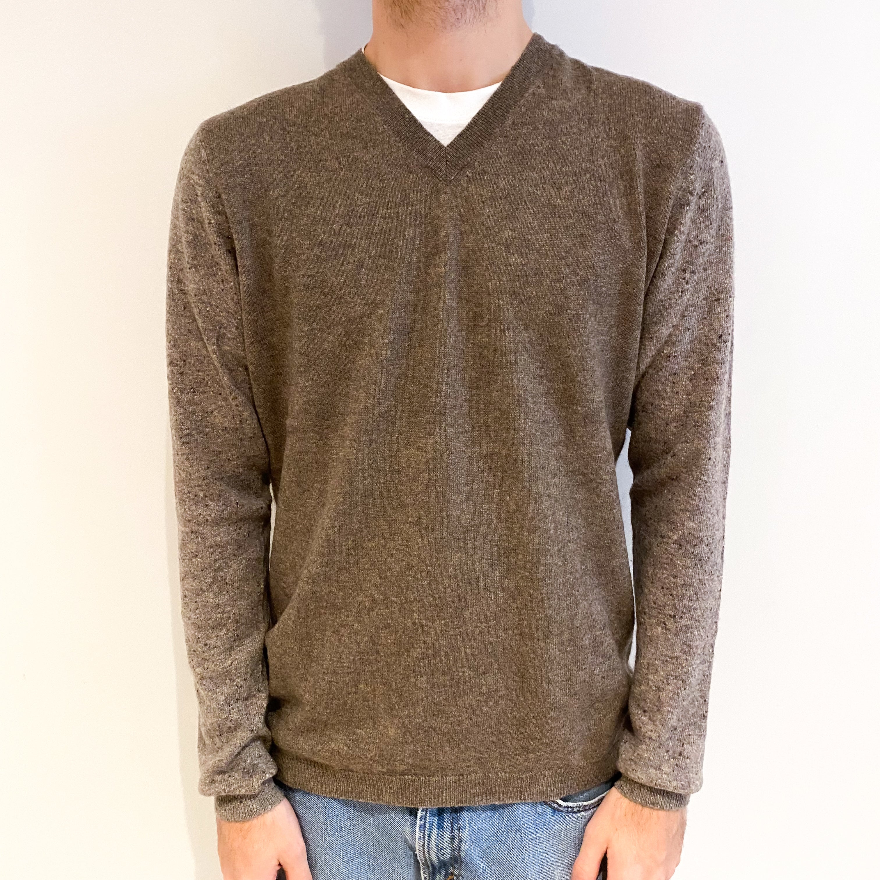 Men's Brown Colour Block Cashmere V Neck Jumper Large