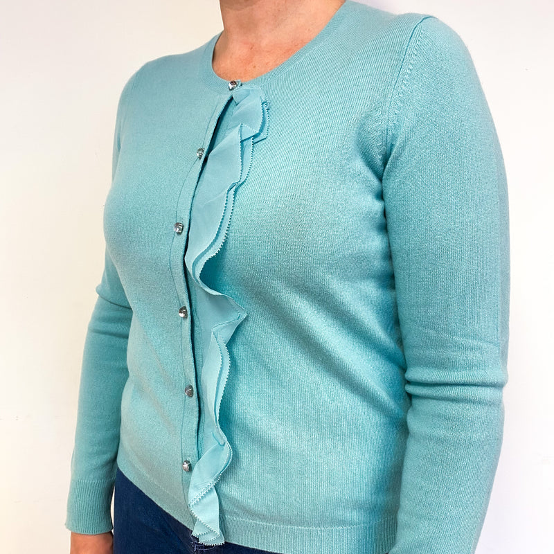 Deep Mint Green Frill Cashmere Crew Neck Cardigan Large