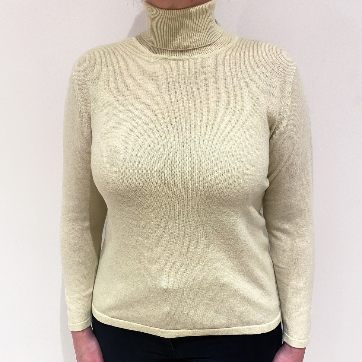 Pale Pistachio Green Cashmere Polo Neck Jumper Large
