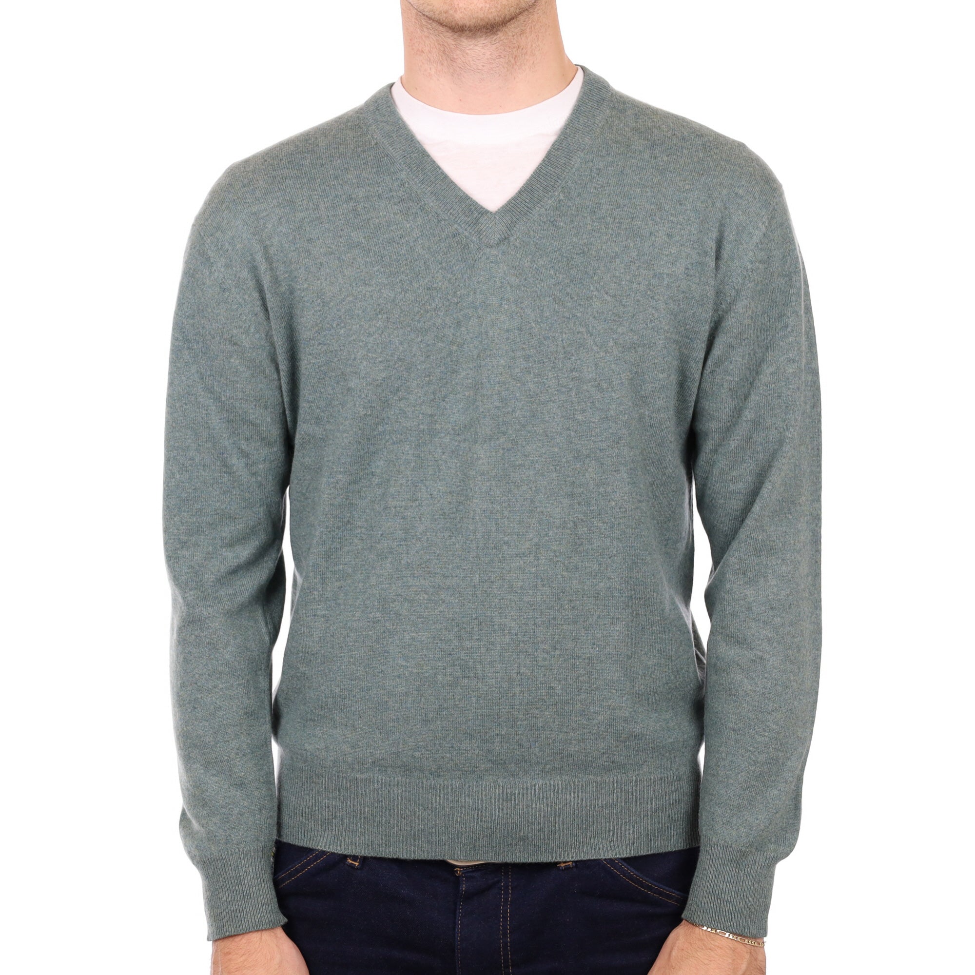 Men's Everglade Green Cashmere V Neck Jumper Medium