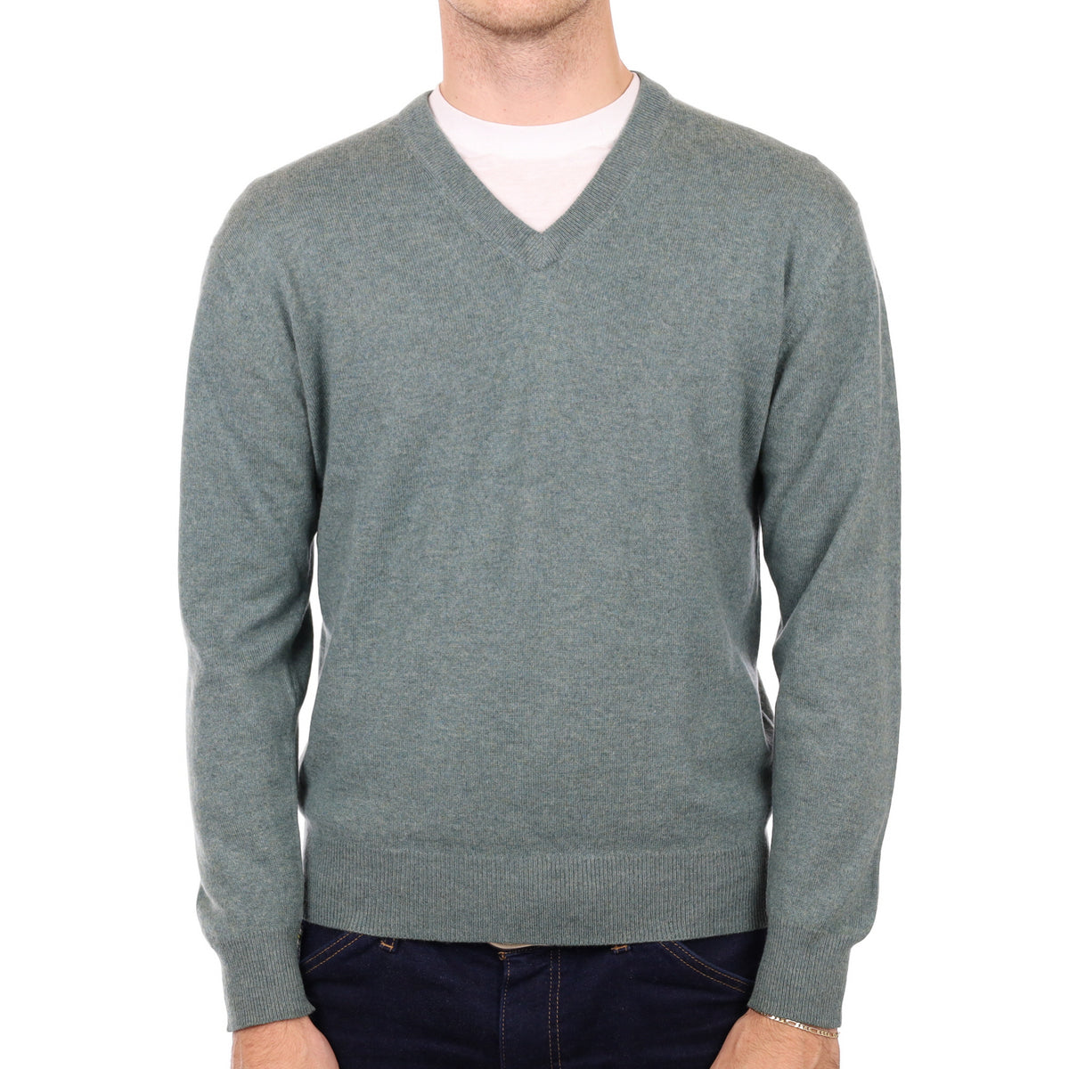 Men's Everglade Green Cashmere V Neck Jumper Medium