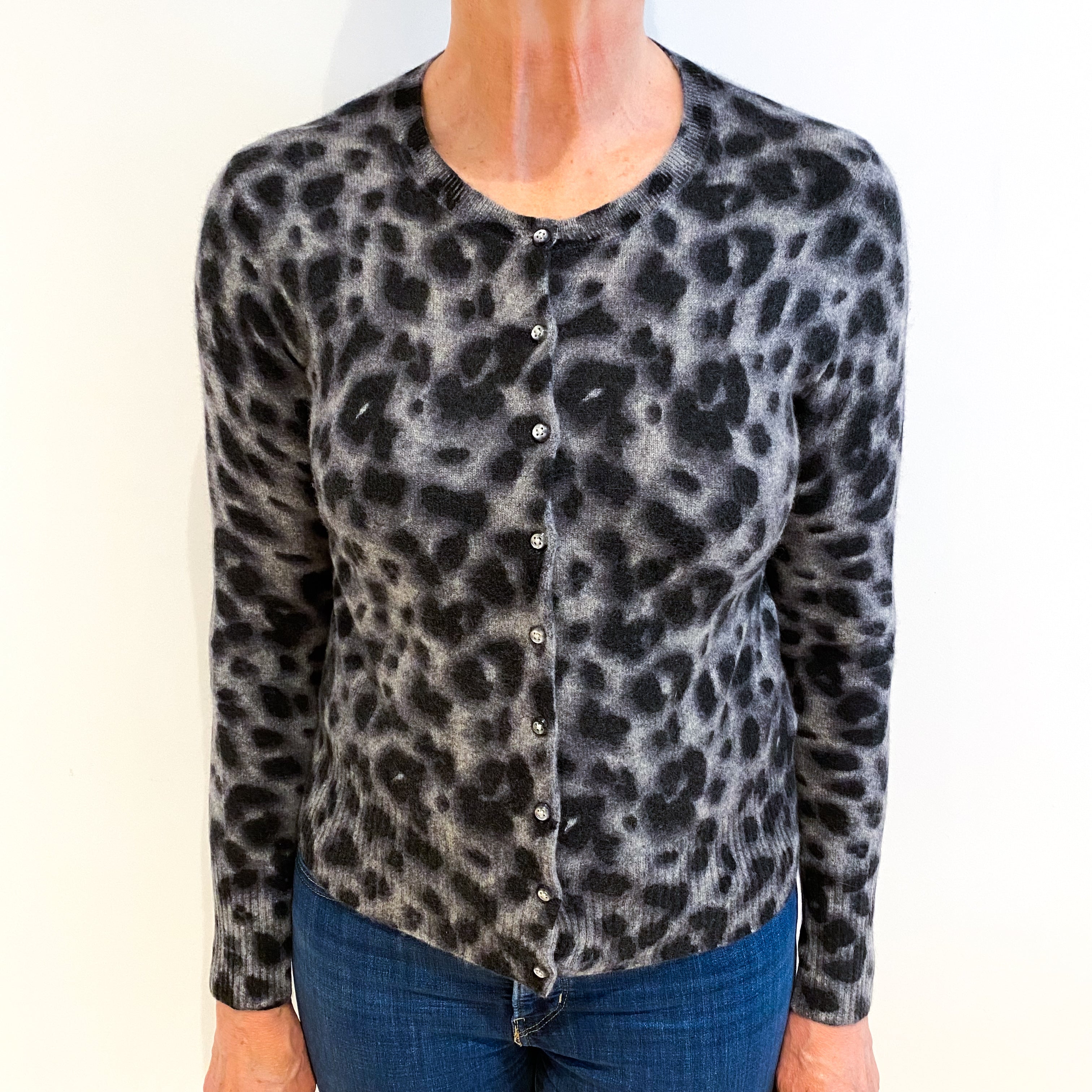 Grey Animal Print Cashmere Cardigan Medium