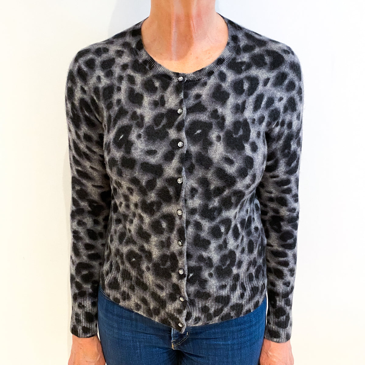 Grey Animal Print Cashmere Cardigan Medium