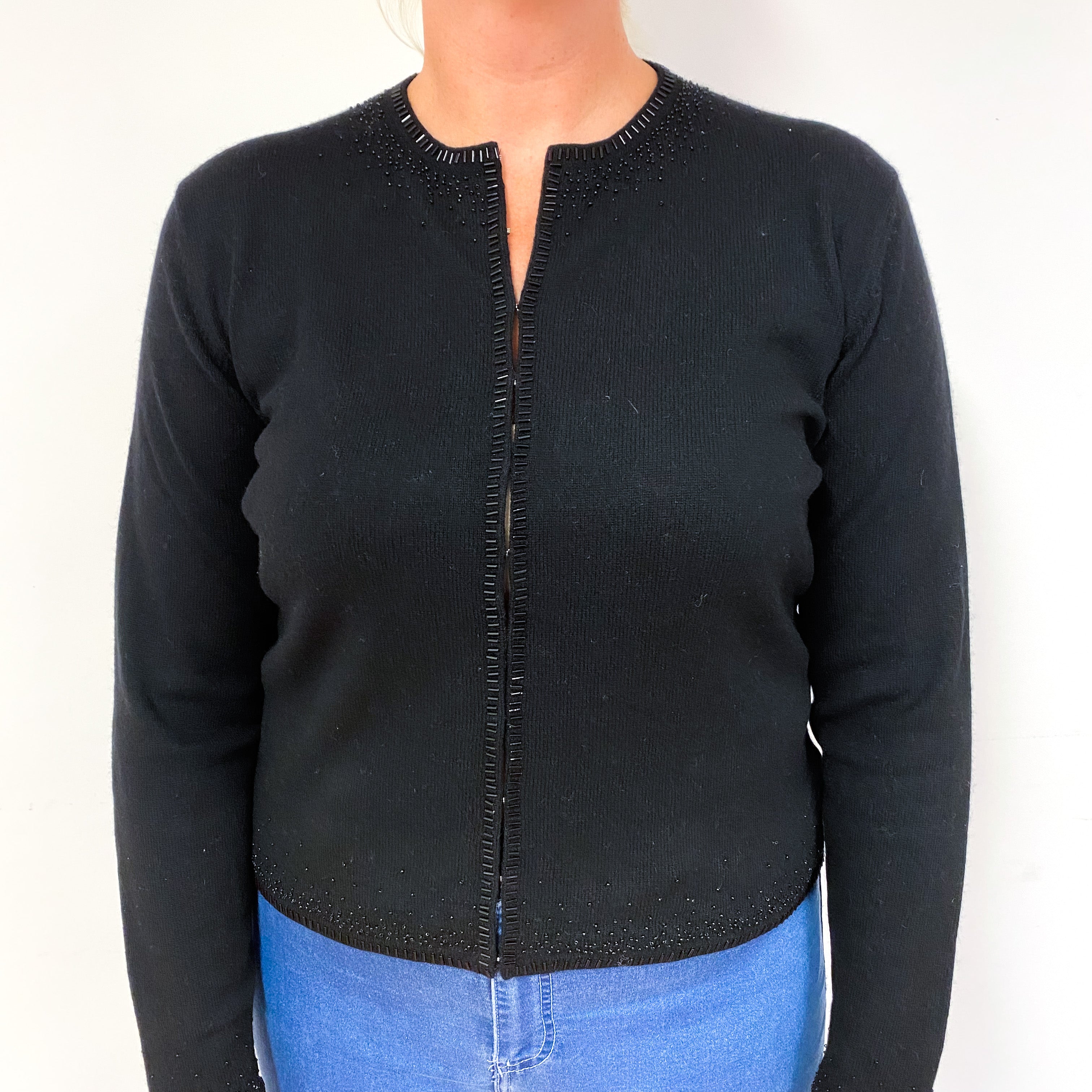 Black Beaded Cashmere Crew Neck Cardigan Large