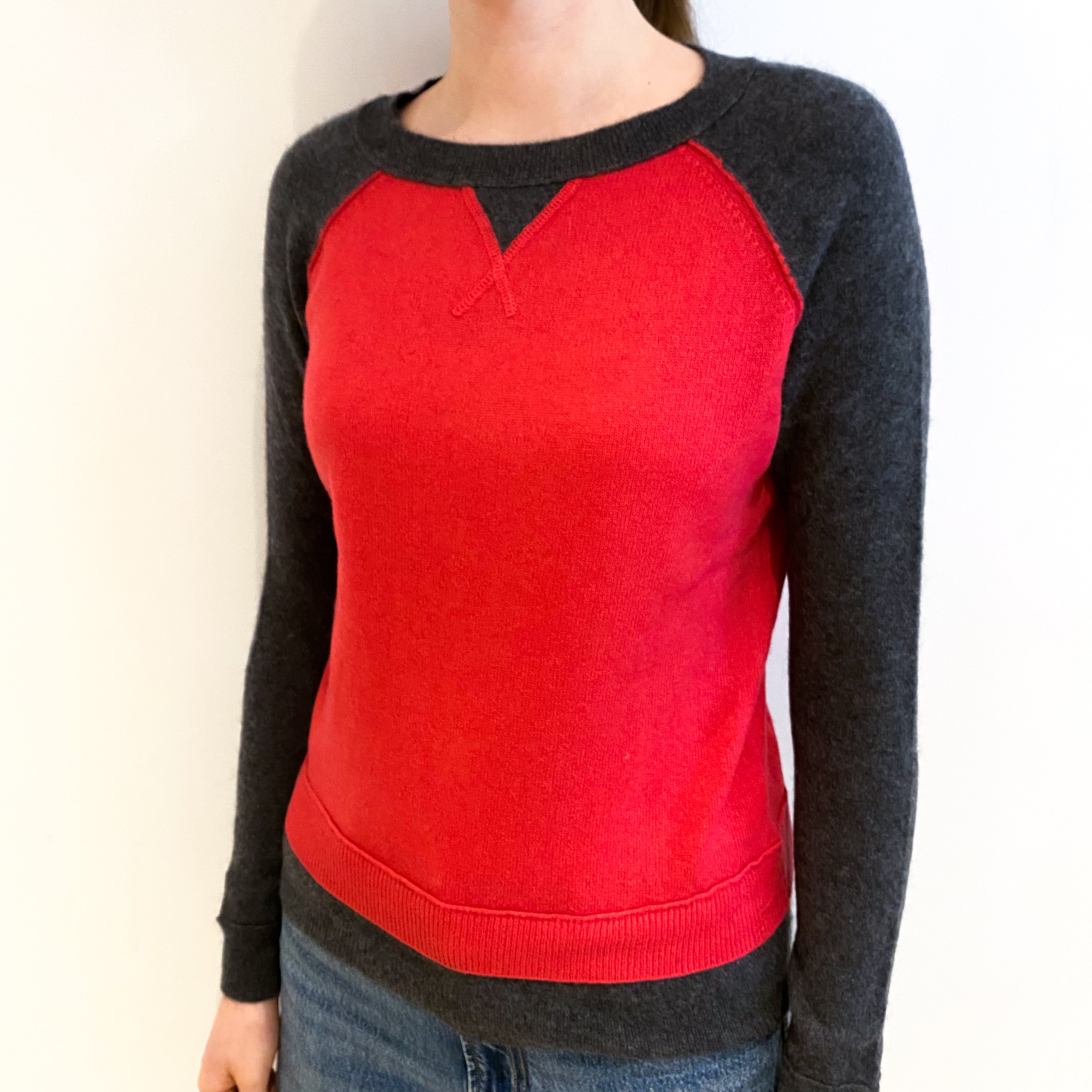 Charcoal and Strawberry Pink Cashmere Crew Neck Jumper Extra Small
