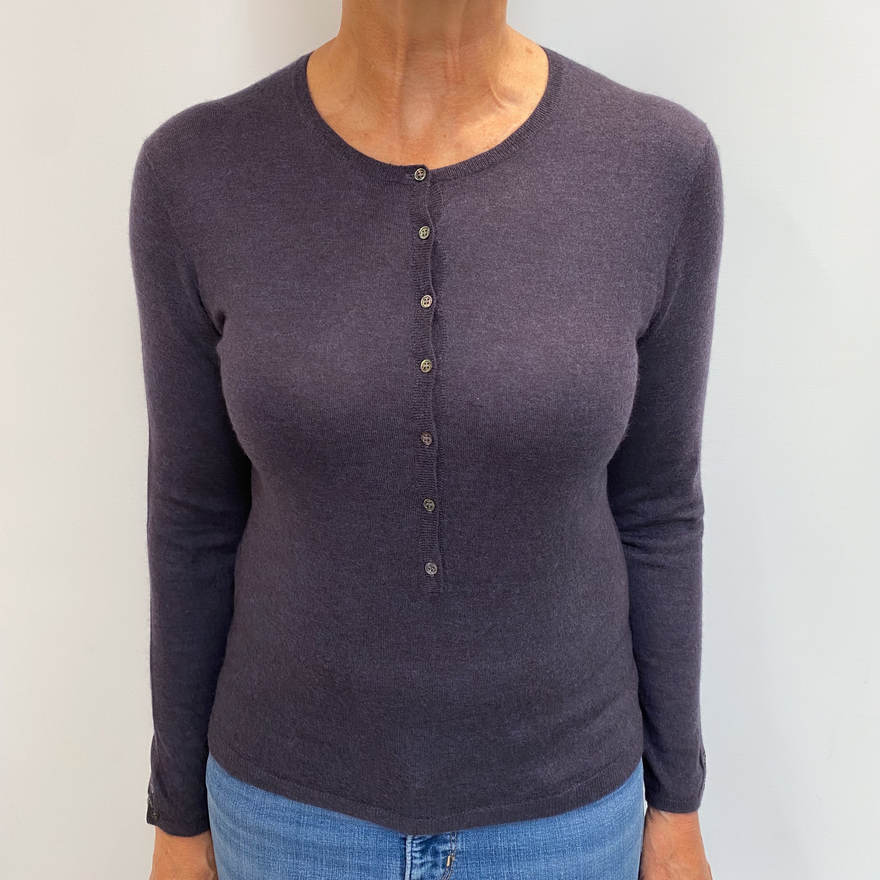 Grape Purple Cashmere Buttoned Crew Neck Jumper Medium