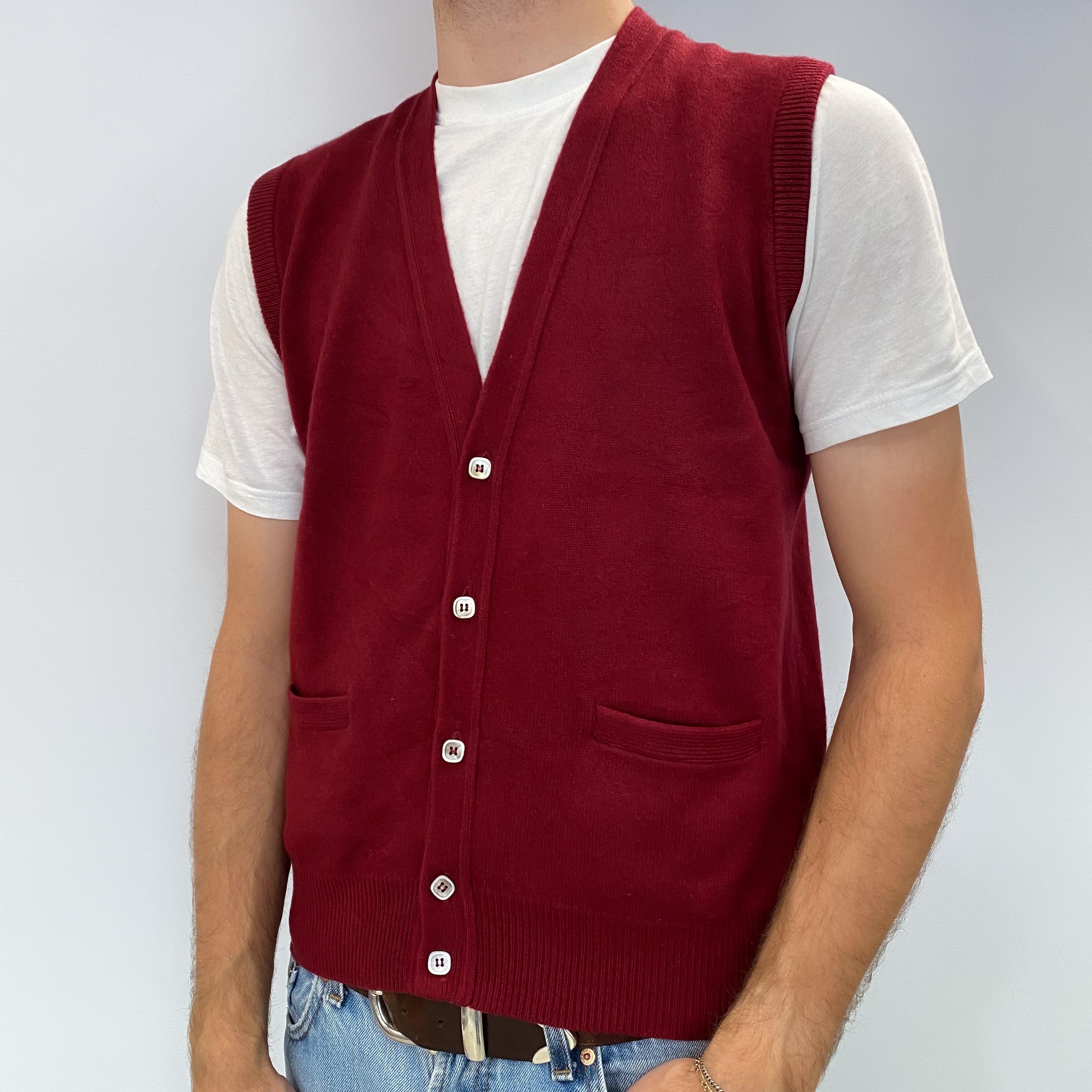 Men's Maroon Red Cashmere V Neck Sleeveless Cardigan Medium