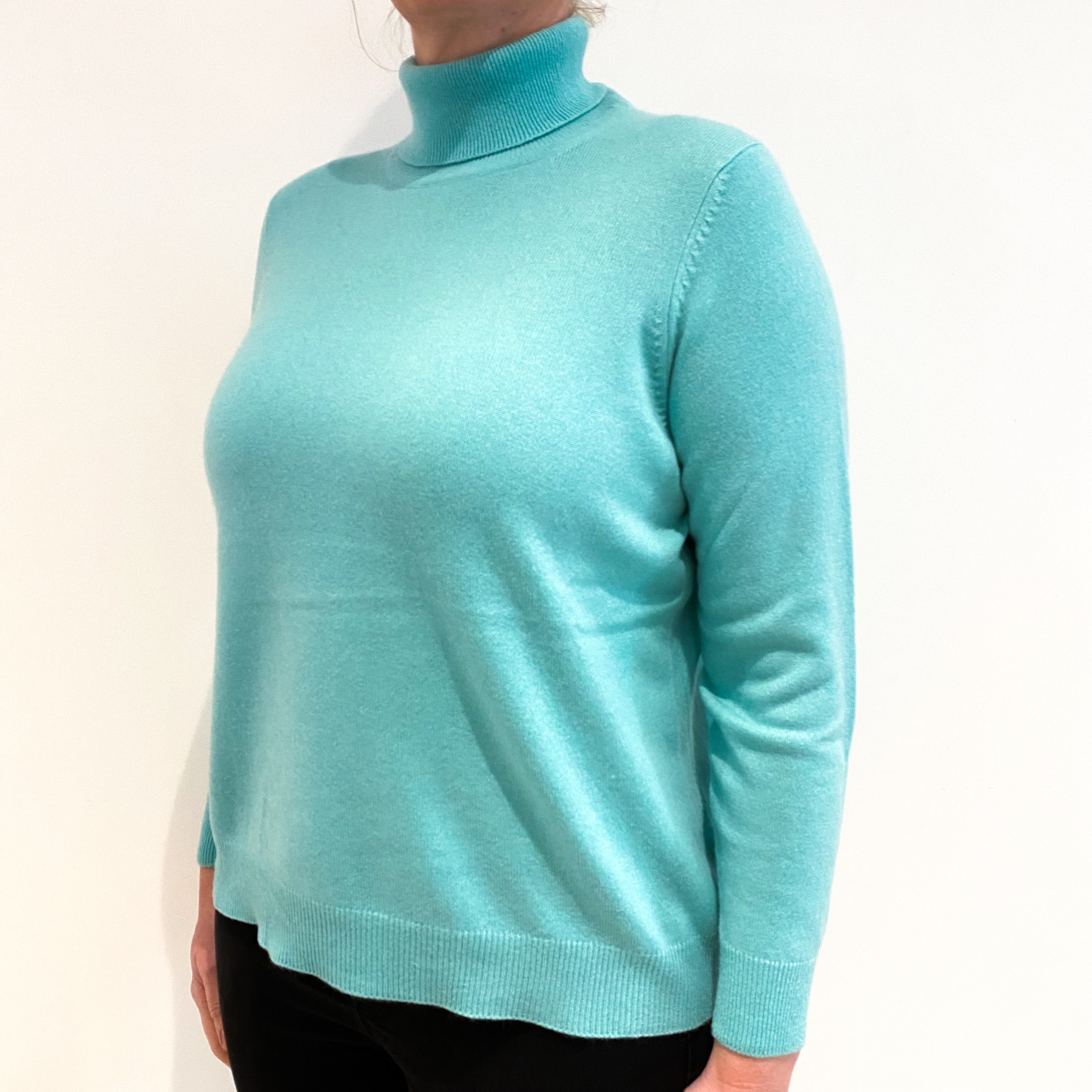 Aqua Green Cashmere Polo Neck Jumper Large