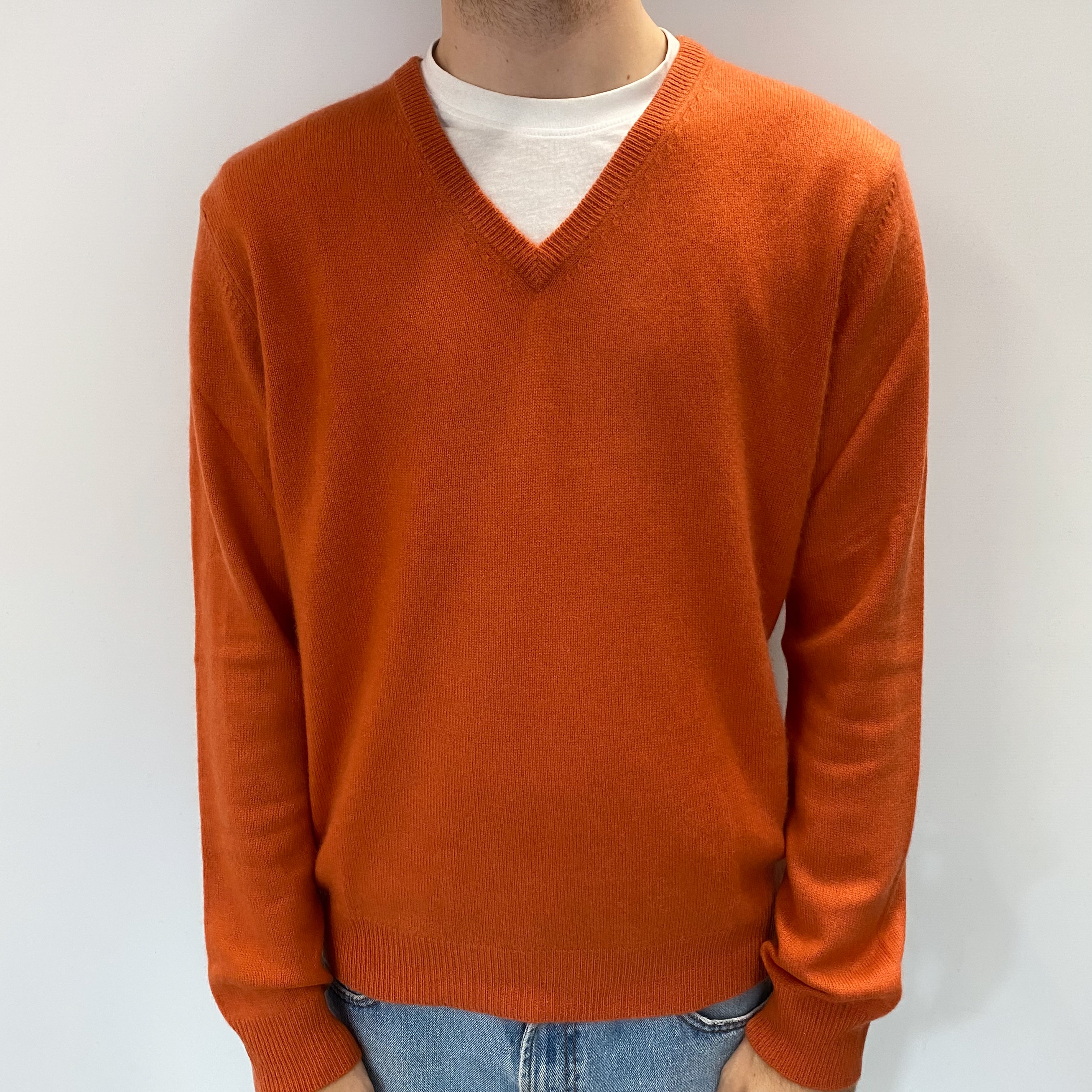 Men's Pumpkin Orange Cashmere V Neck Jumper Medium