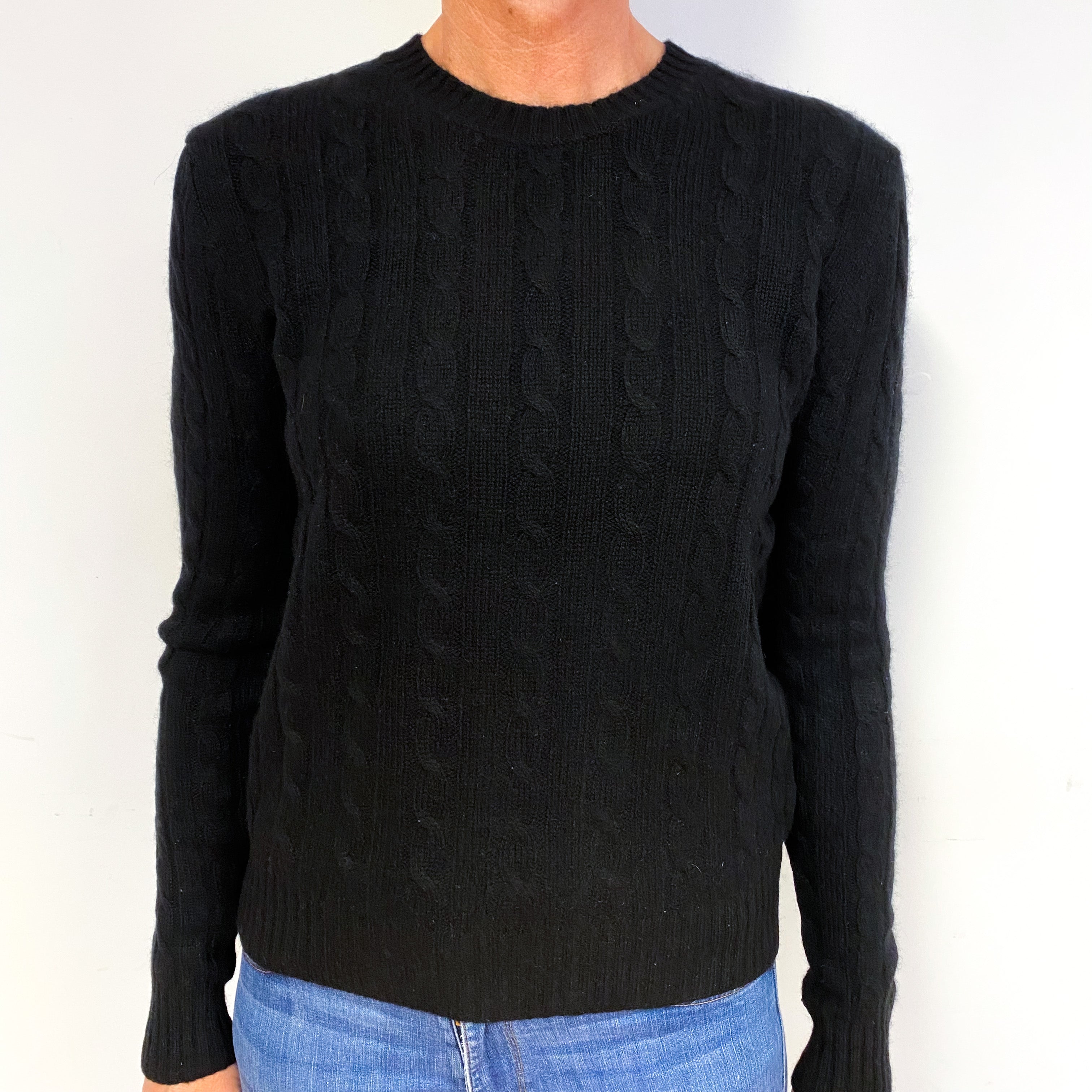 Black Cable Knit Cashmere Crew Neck Jumper Medium