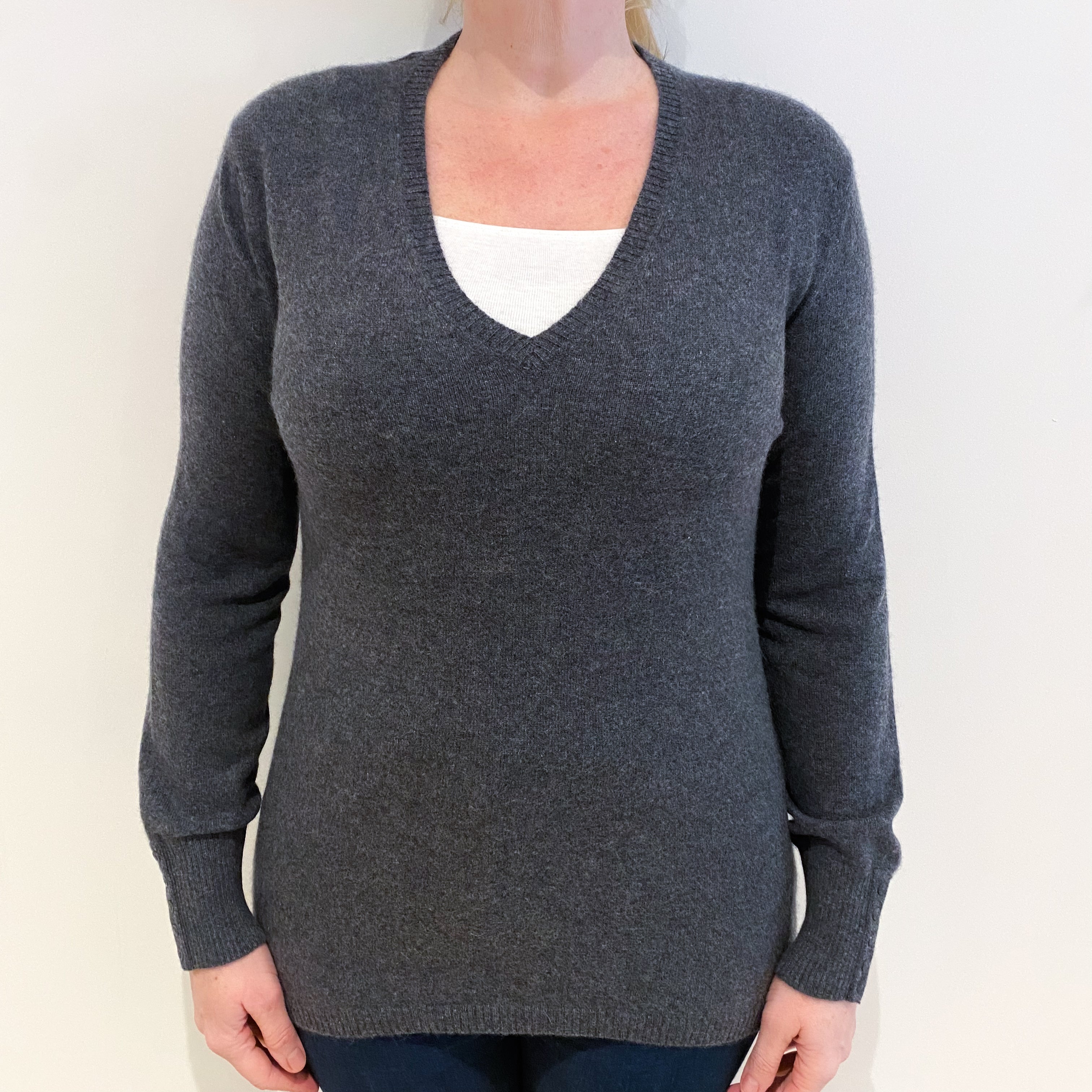 Slate Grey Cashmere V Neck Jumper Large