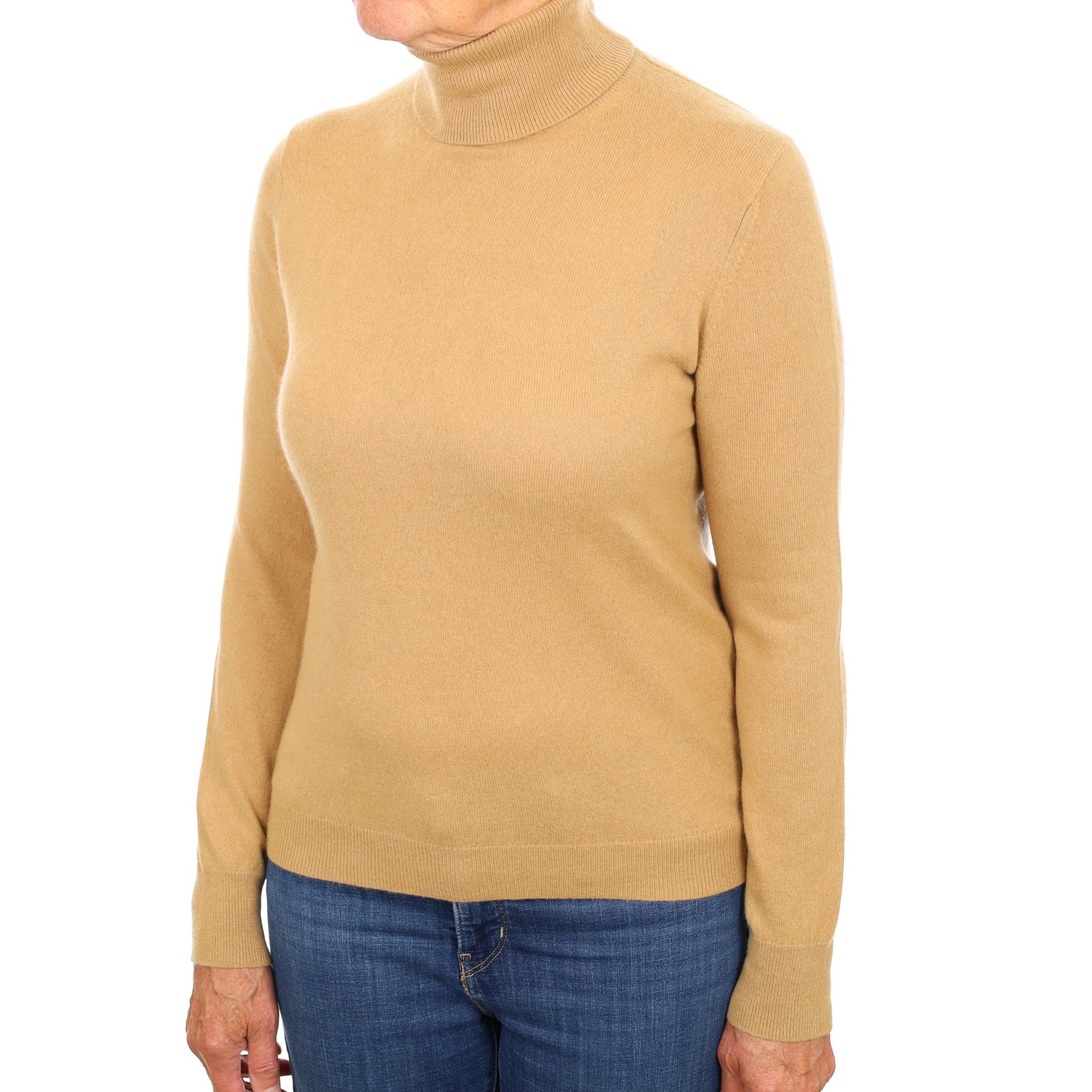 Camel Brown Cashmere Polo Neck Jumper Medium