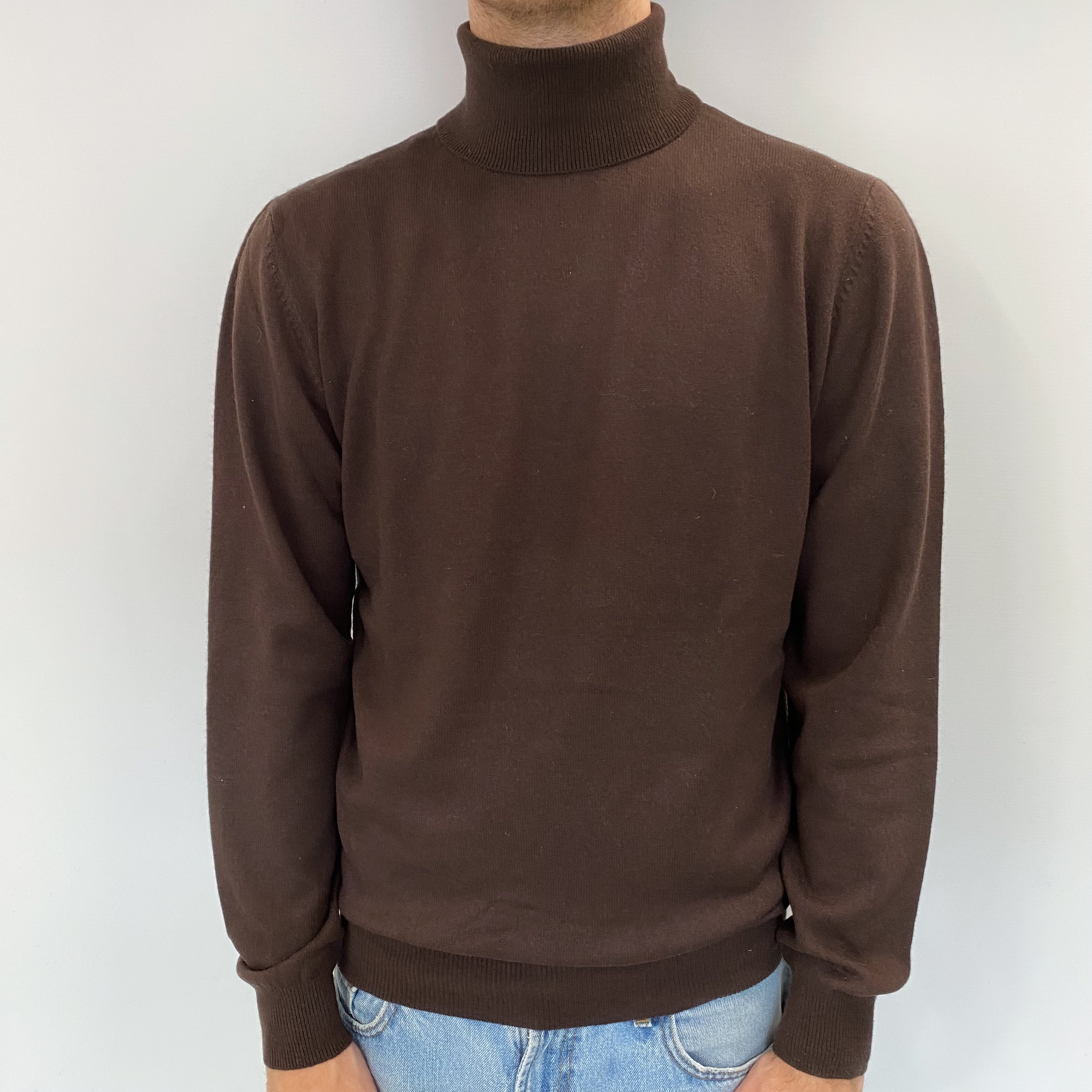 Men's Chocolate Brown Cashmere Polo Neck Jumper Large