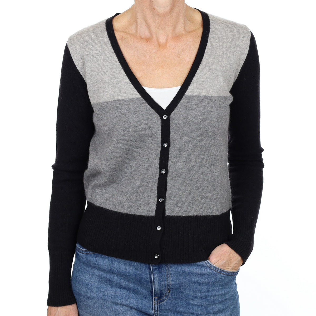 Black and Grey Block Cashmere V Neck Cardigan Small