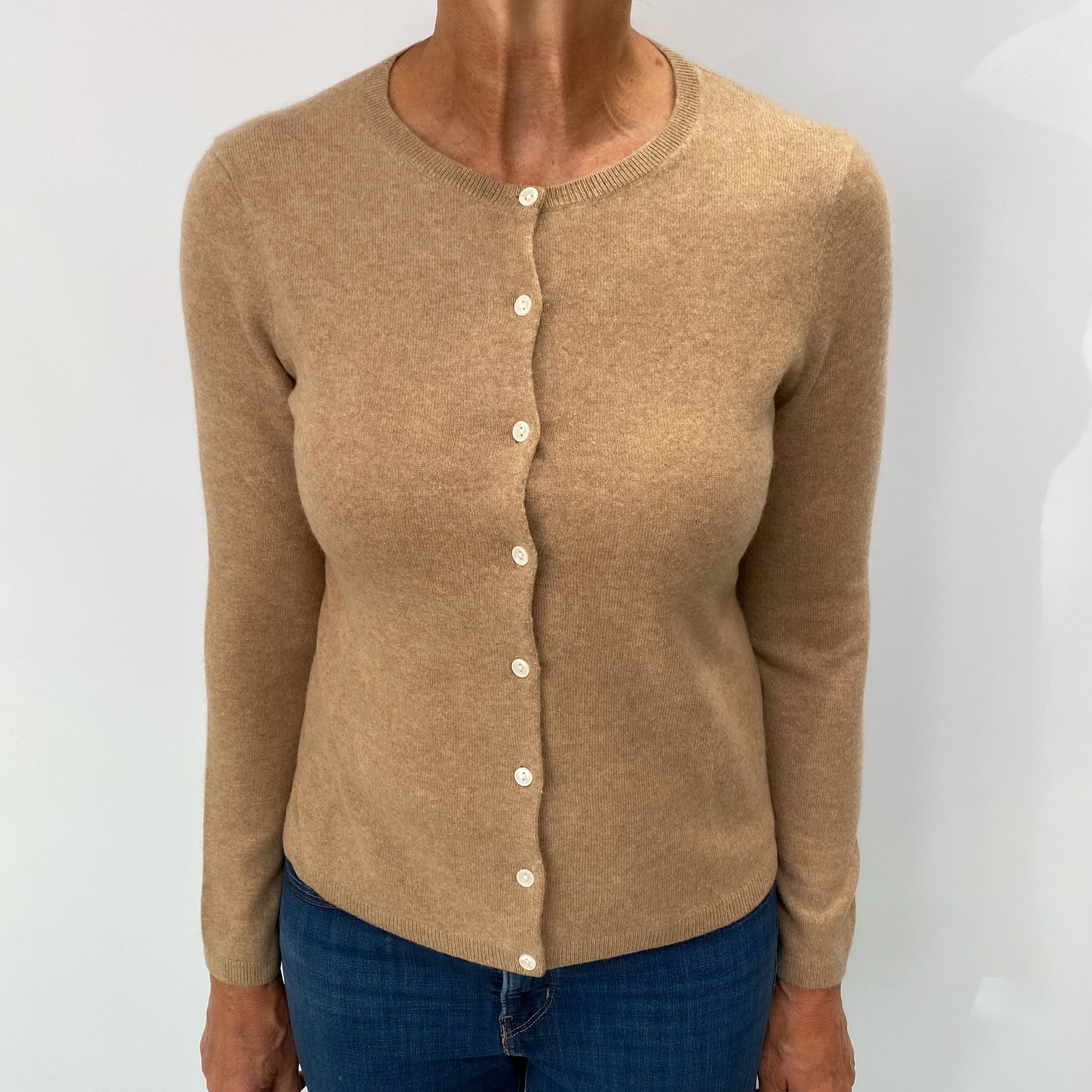Biscuit Brown Cashmere Crew Neck Cardigan Medium