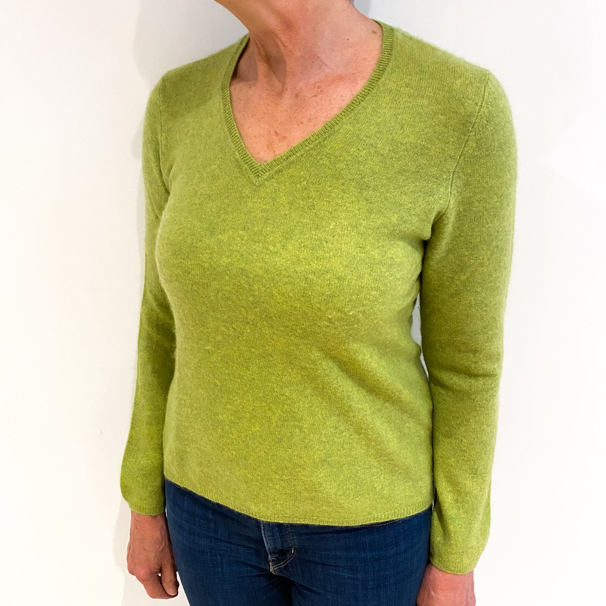 Lime Green Cashmere V Neck Jumper Medium