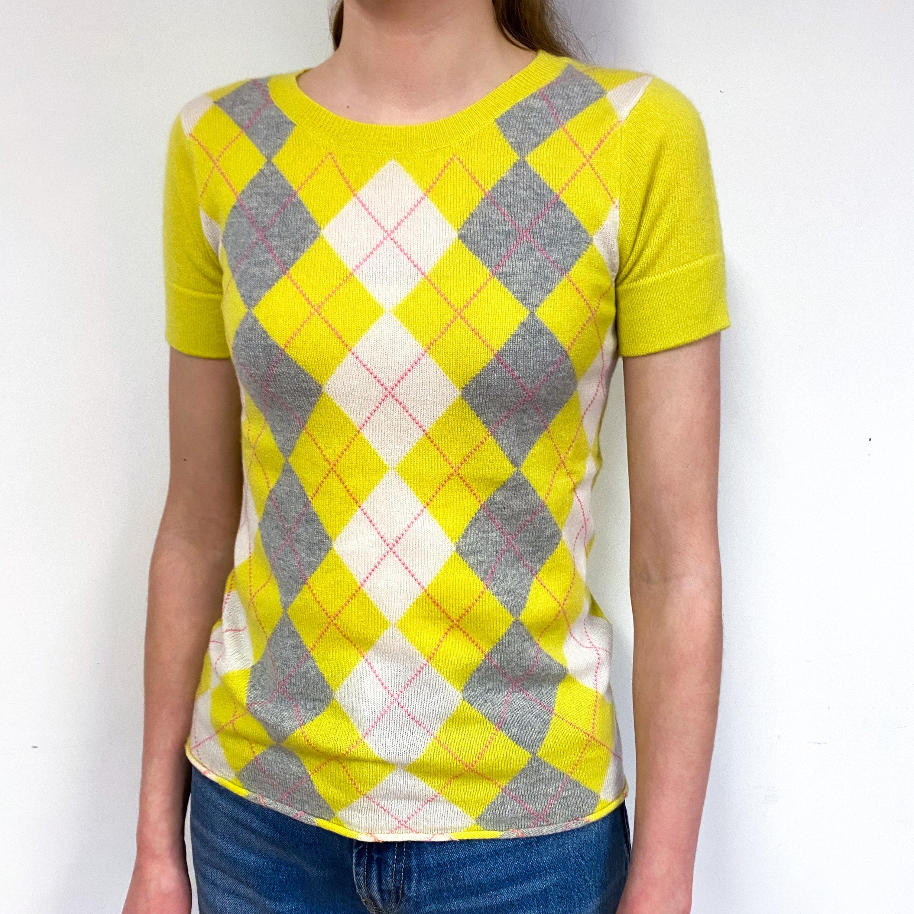 Bright Yellow Argyle Cashmere Short Sleeve Jumper Extra Small