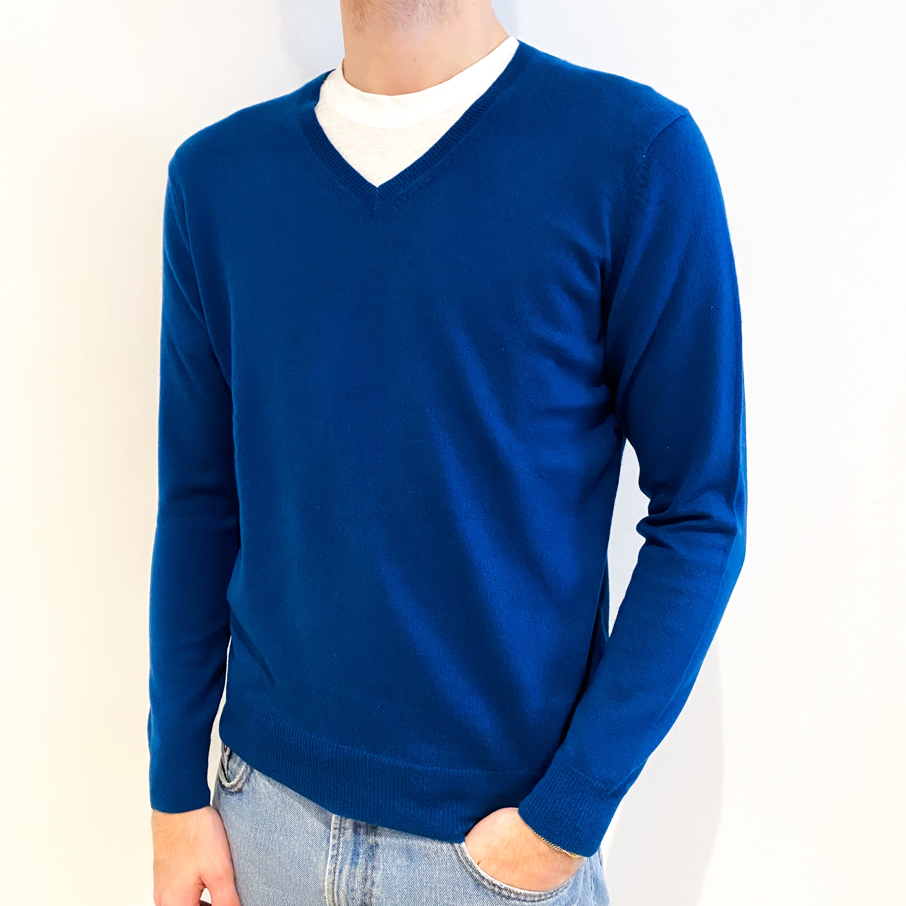 Men's Petrol Blue Cashmere V Neck Jumper Medium