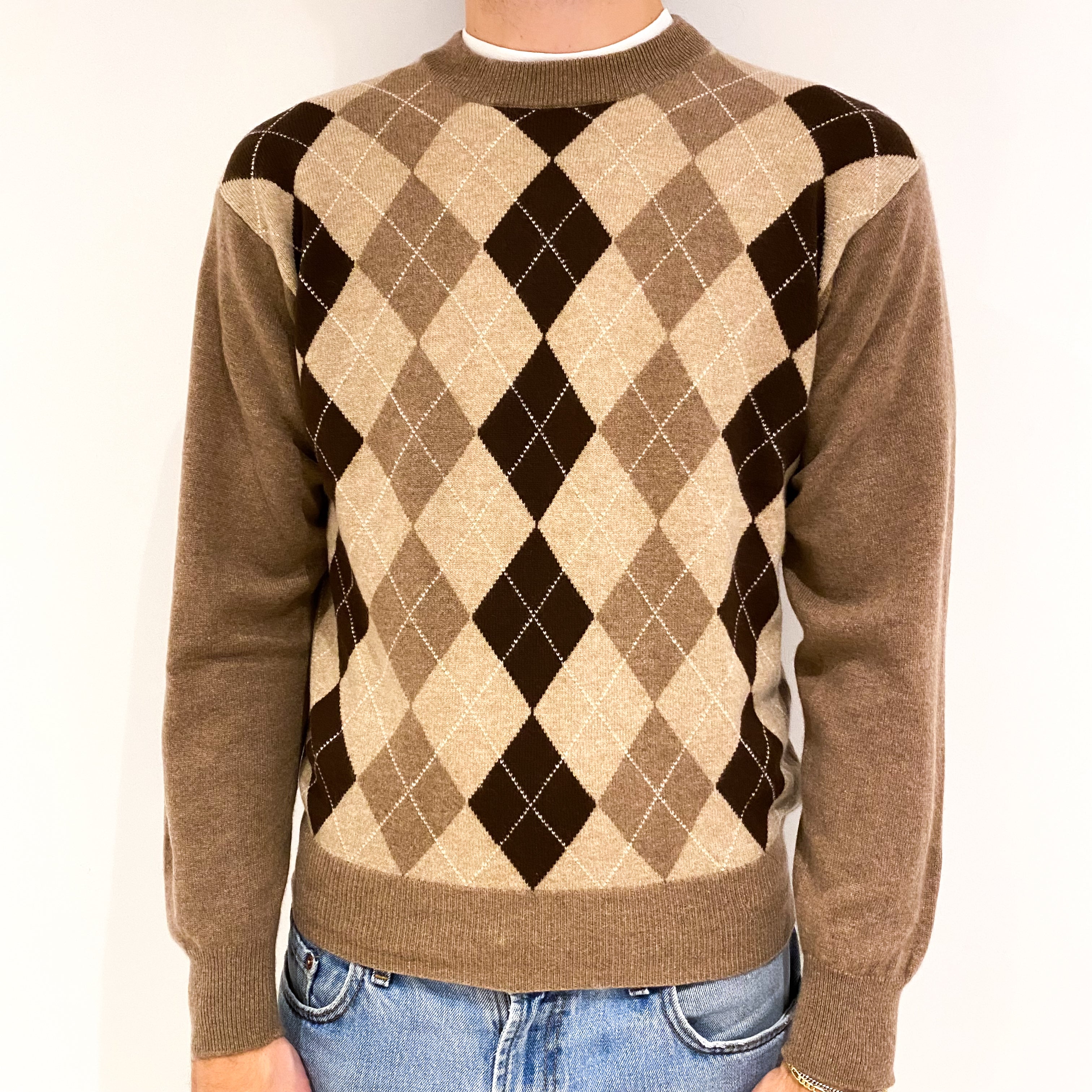 Men's Fudge Brown Argyle Pattern Cashmere Crew Neck Jumper Medium