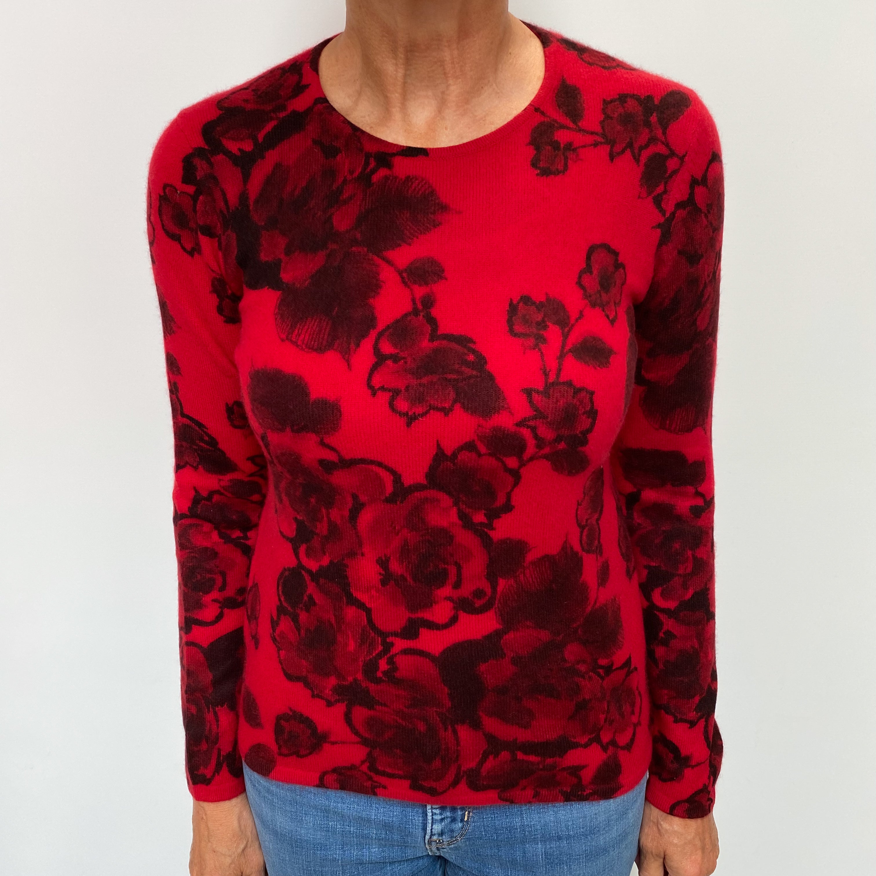 Scarlet Red Patterned Cashmere Crew Neck Jumper Medium