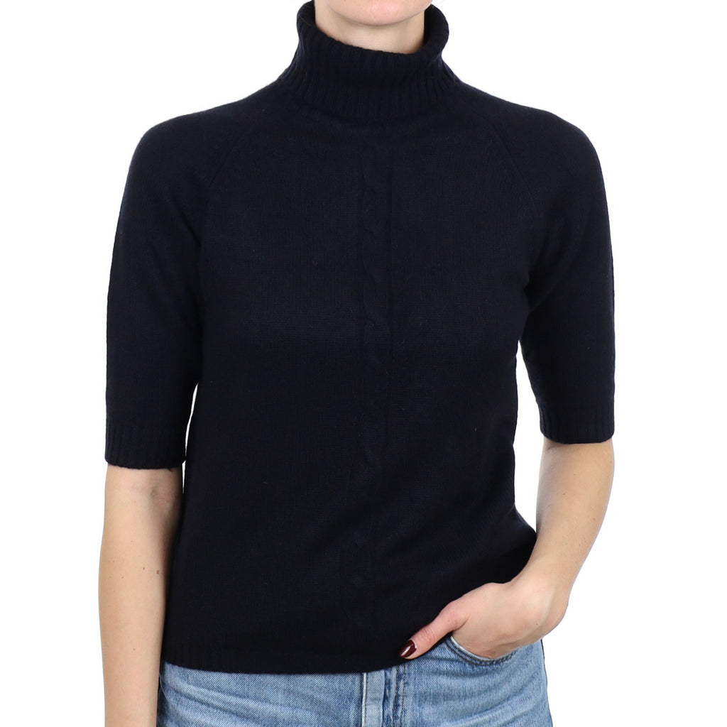 Black Cable Detail Cashmere Short Sleeve Polo Neck Jumper Small