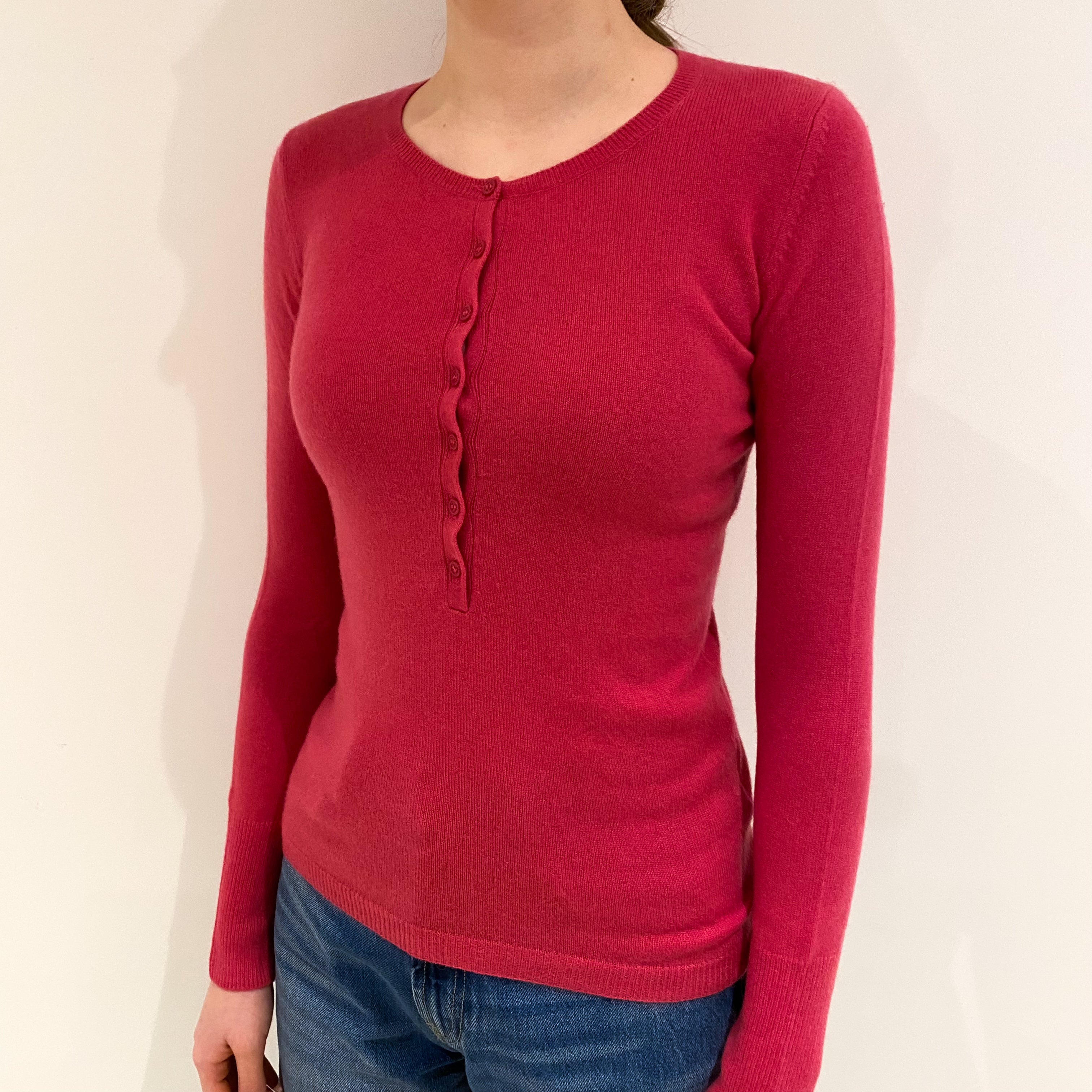 Raspberry Pink Cashmere Buttoned Crew Neck Jumper Extra Small