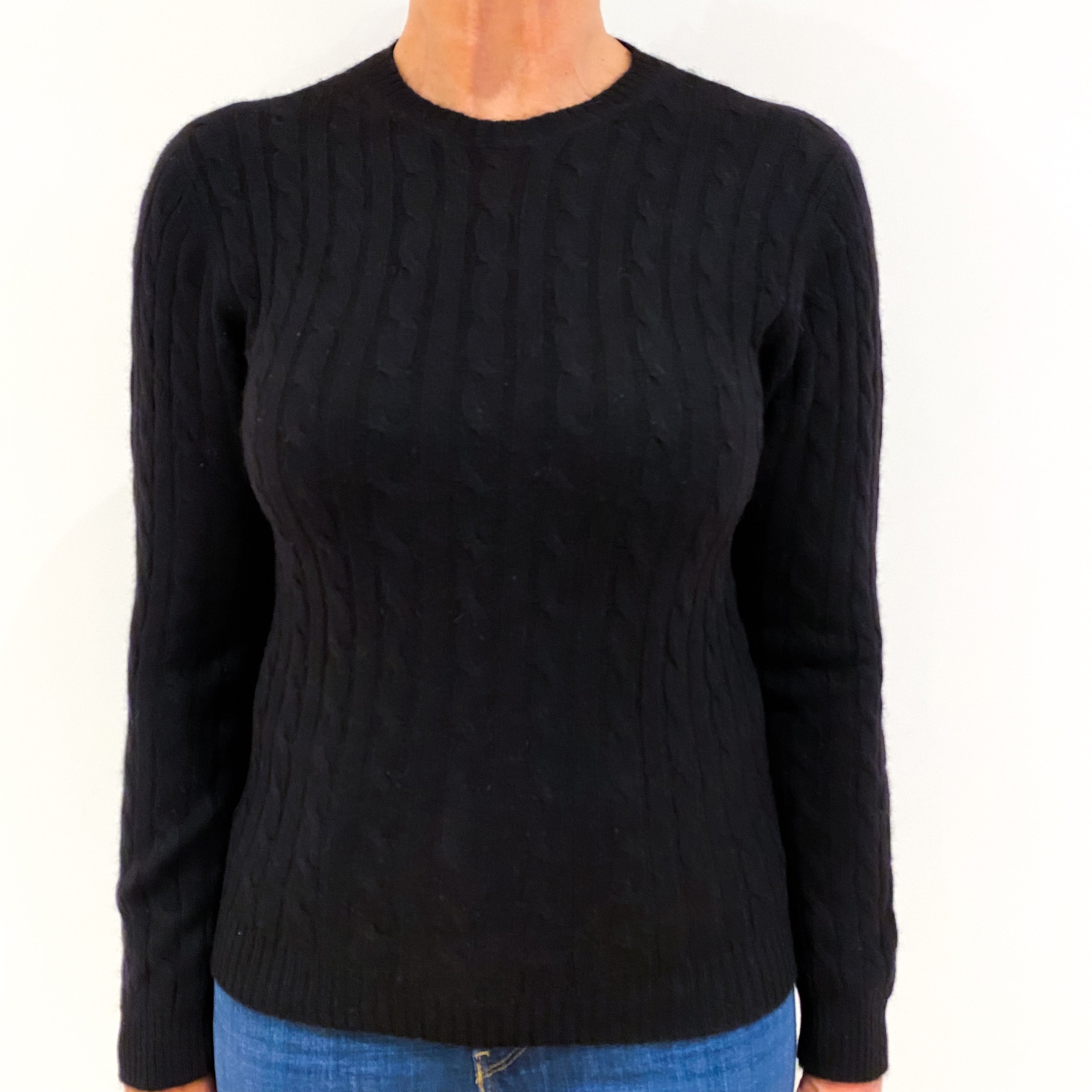 Black Cable Knit Cashmere Crew Neck Jumper Medium