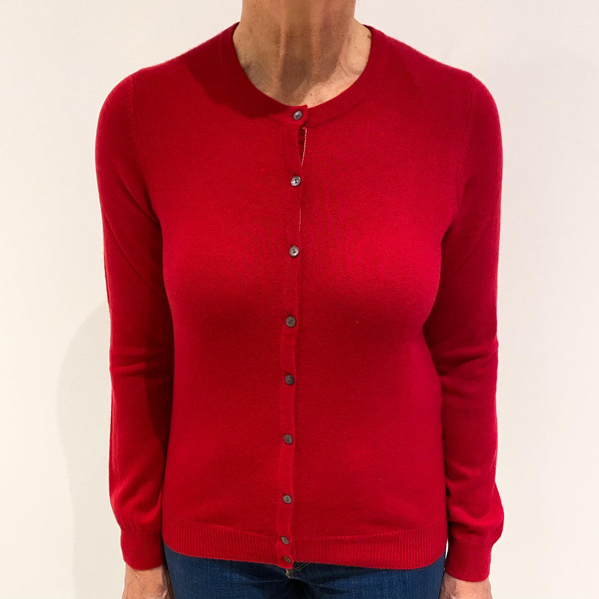 Post Box Red Cashmere Crew Neck Cardigan Medium