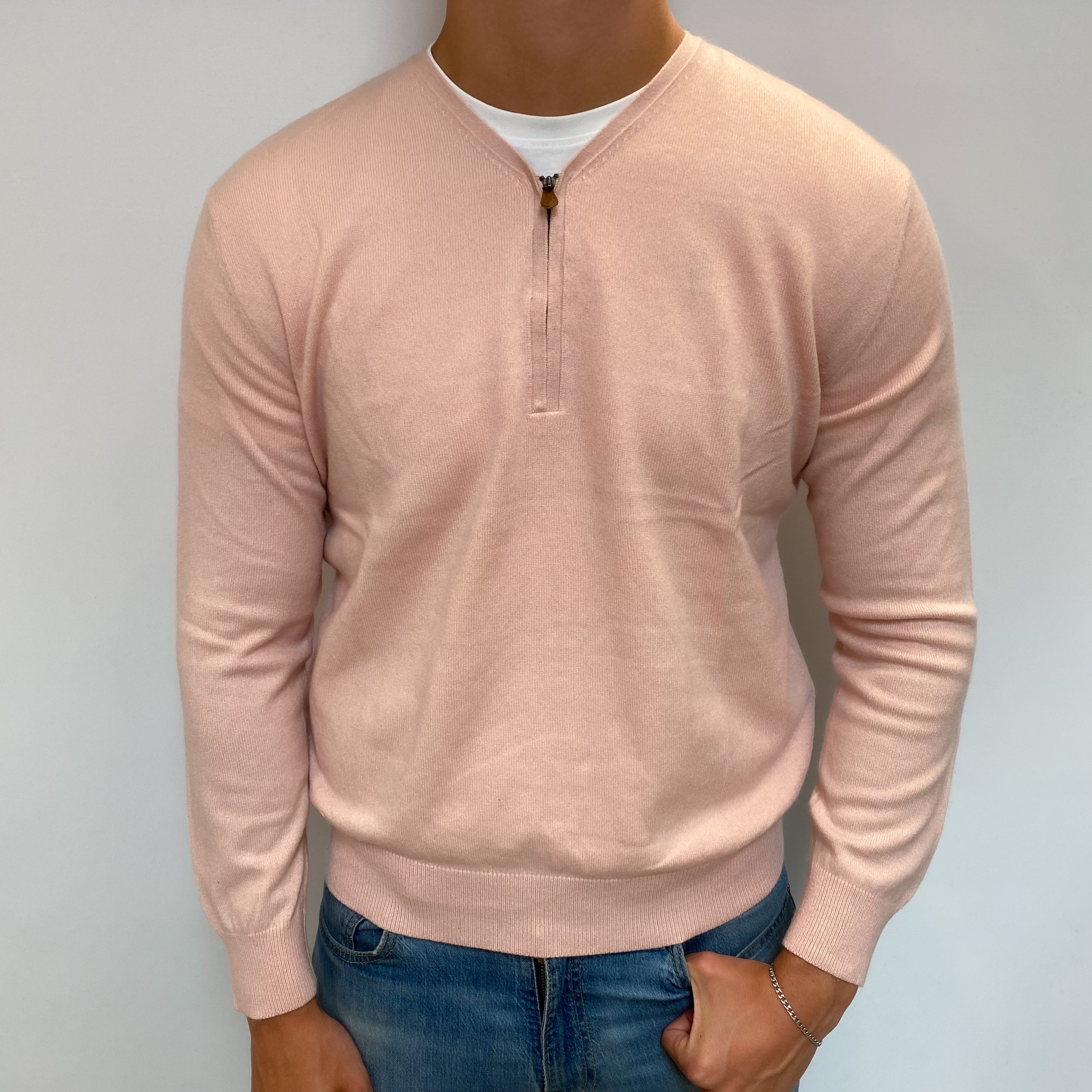 Men's Shell Pink Cashmere Zip Up V Neck Jumper XL