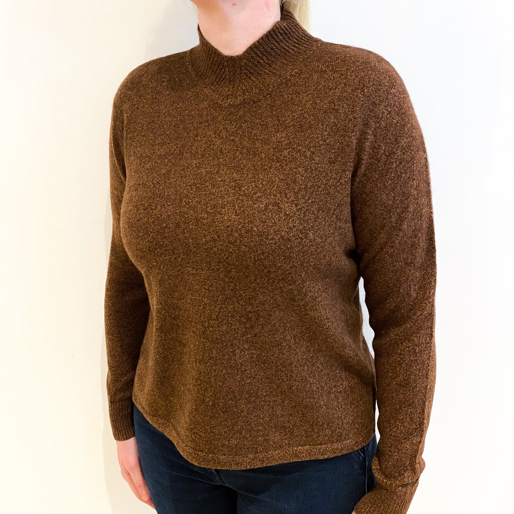 Brown Marl Cashmere High V Neck Jumper Large