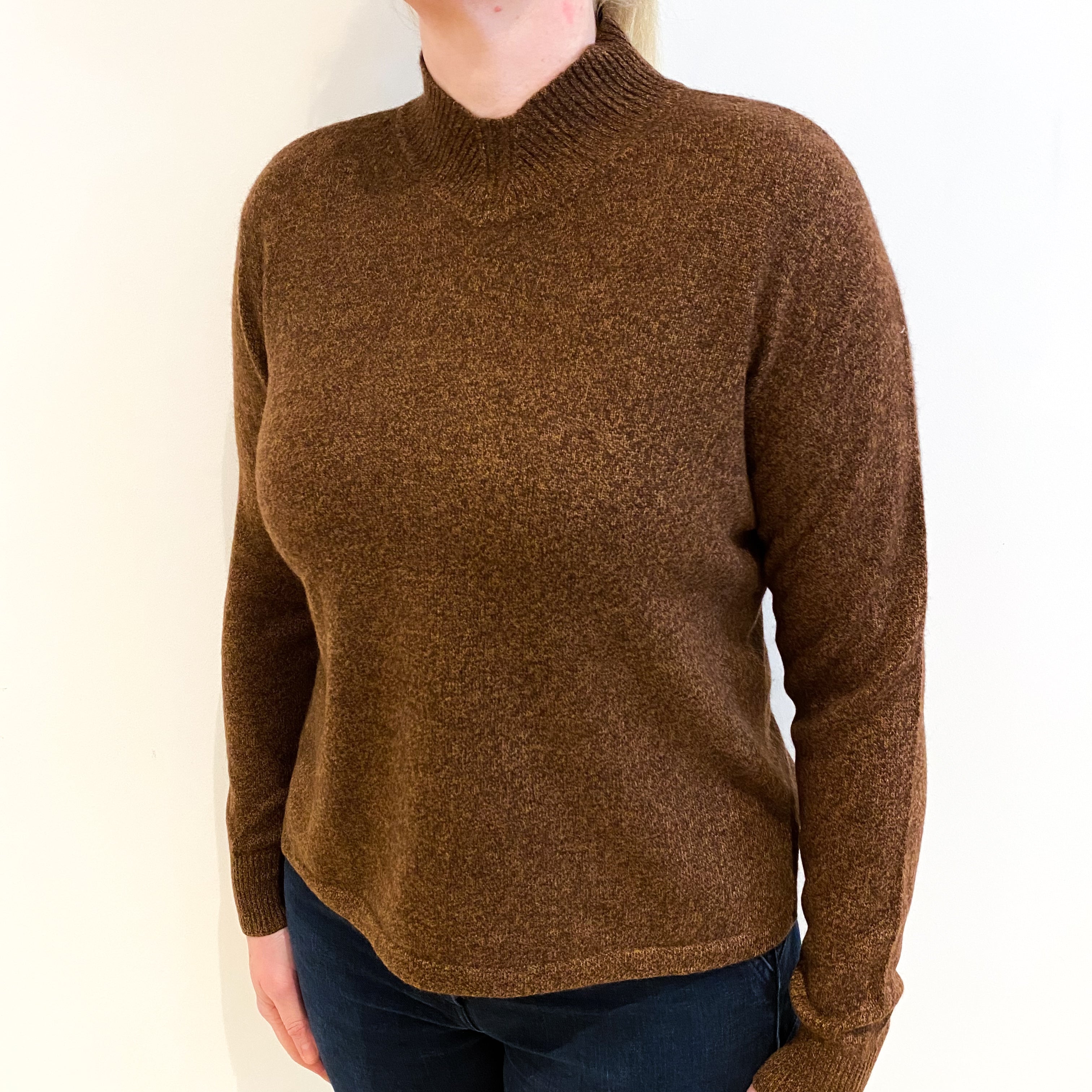 Brown Marl Cashmere High V Neck Jumper Large