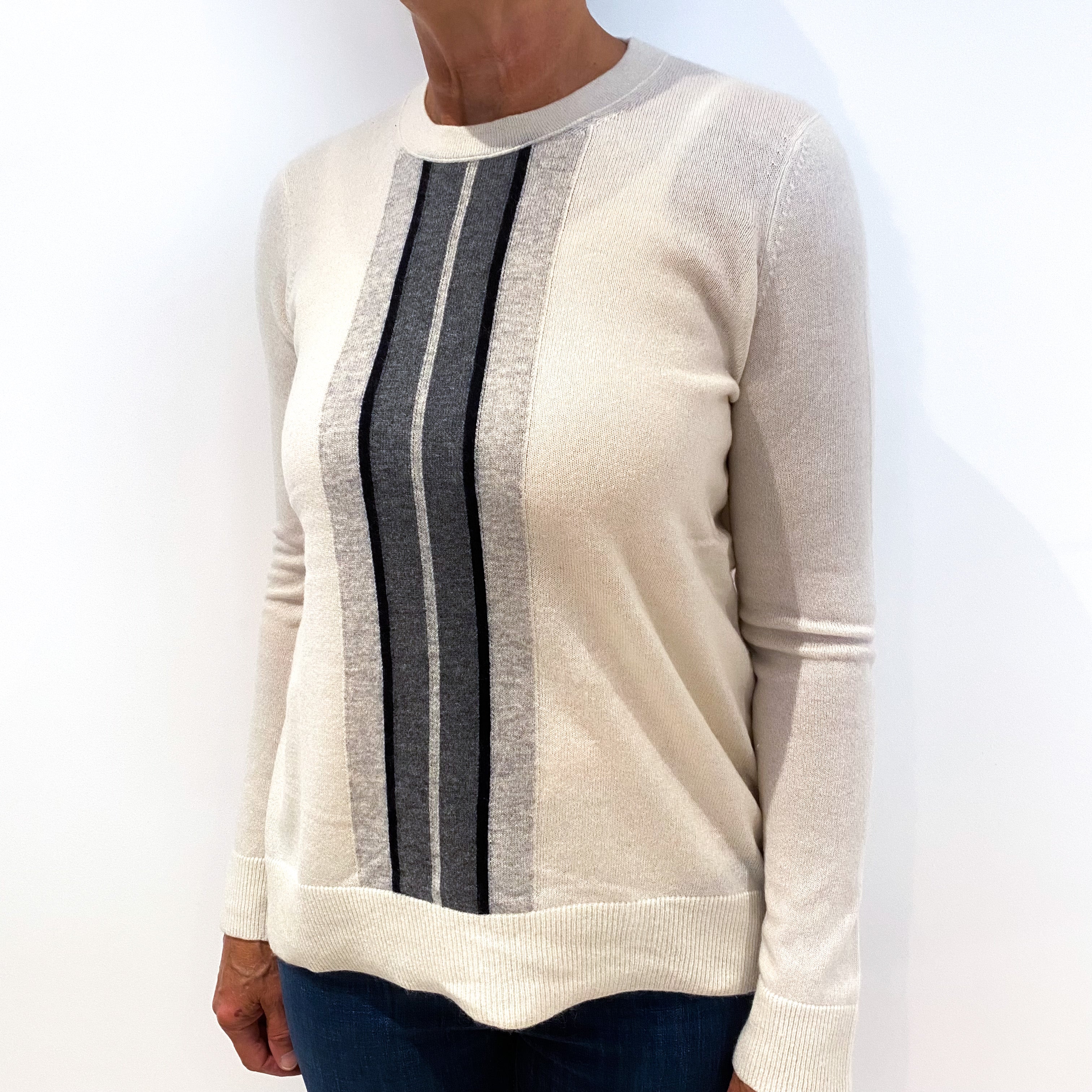Vince Cream with Vertical Grey Stripe Cashmere Crew Neck Jumper Medium