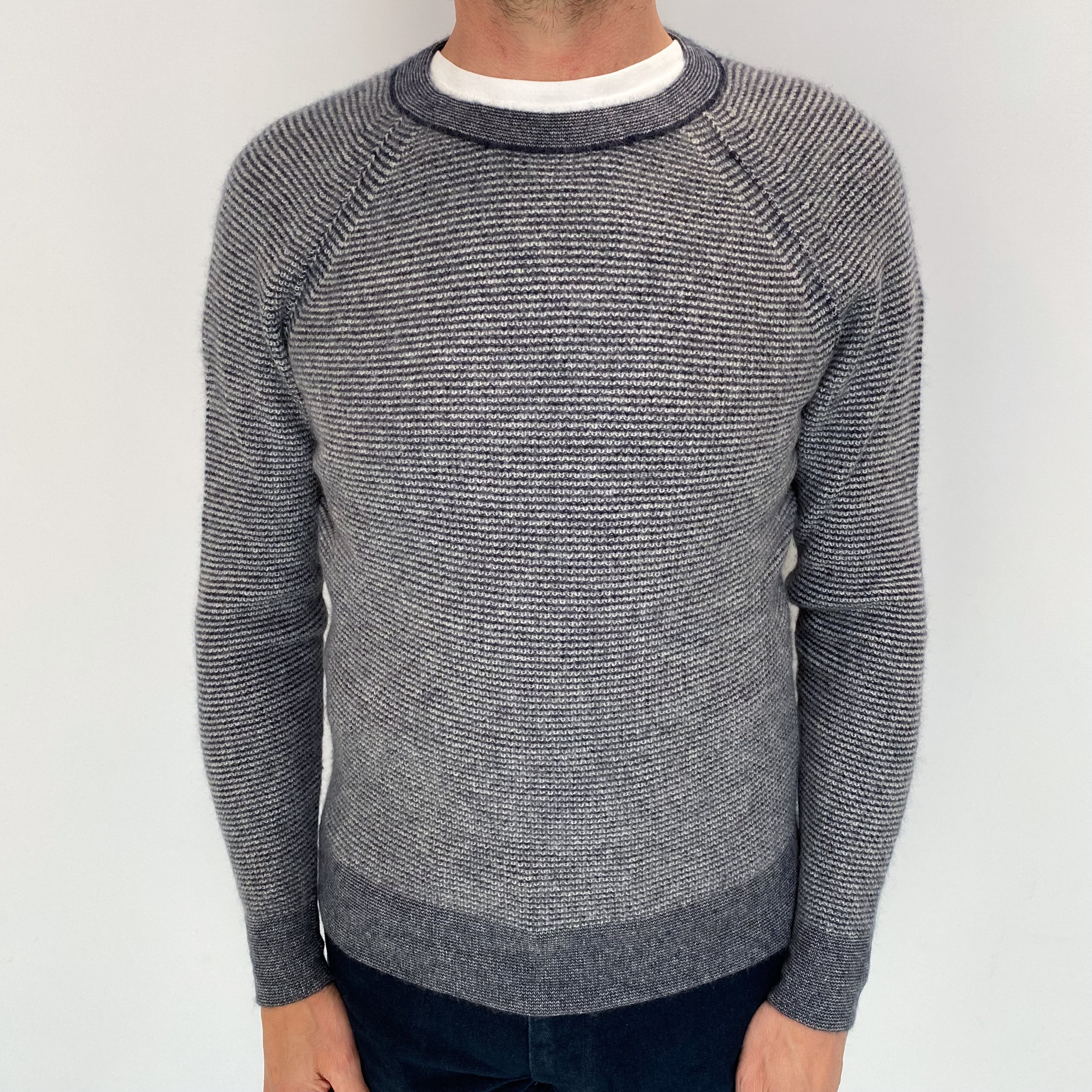Men's Navy Grey Striped Cashmere Crew Neck Jumper Small