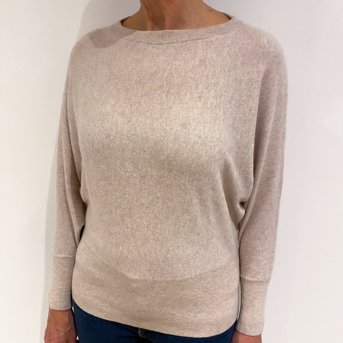 Oatmeal Beige Cashmere Wide Crew Neck Jumper Medium