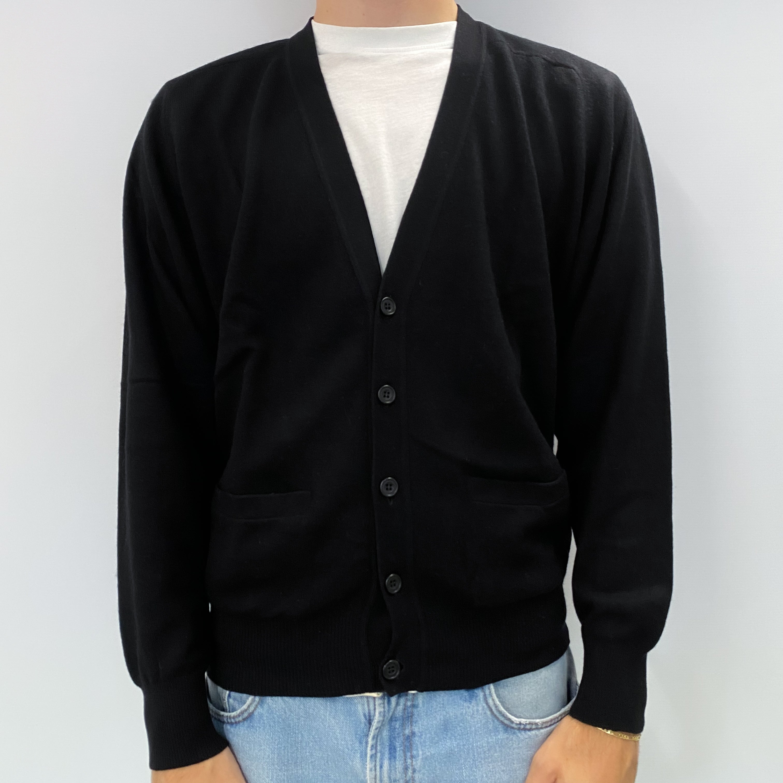 Men's Black Cashmere V Neck Cardigan Large