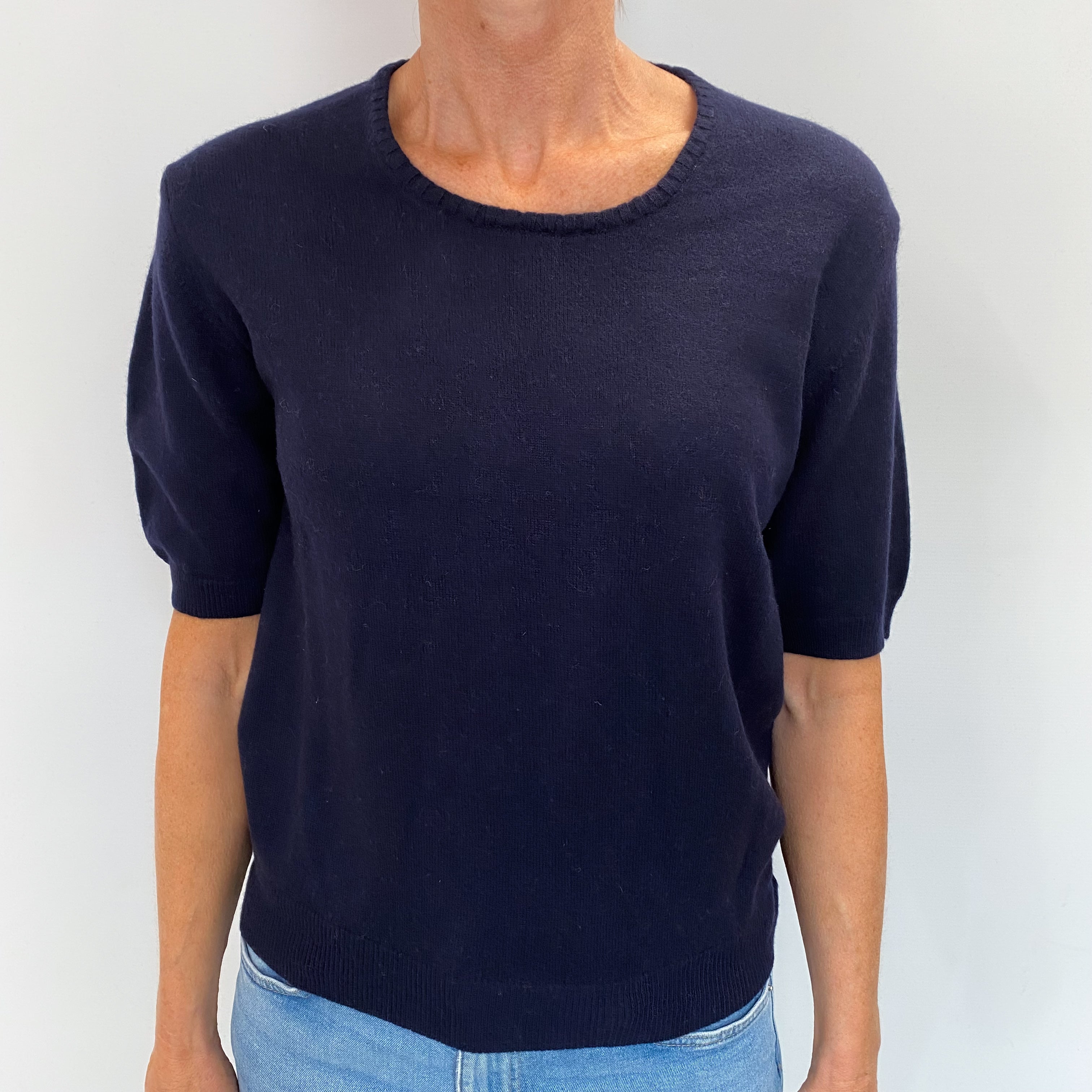 Navy Blue Cashmere Crew Neck Short Sleeved Jumper Small