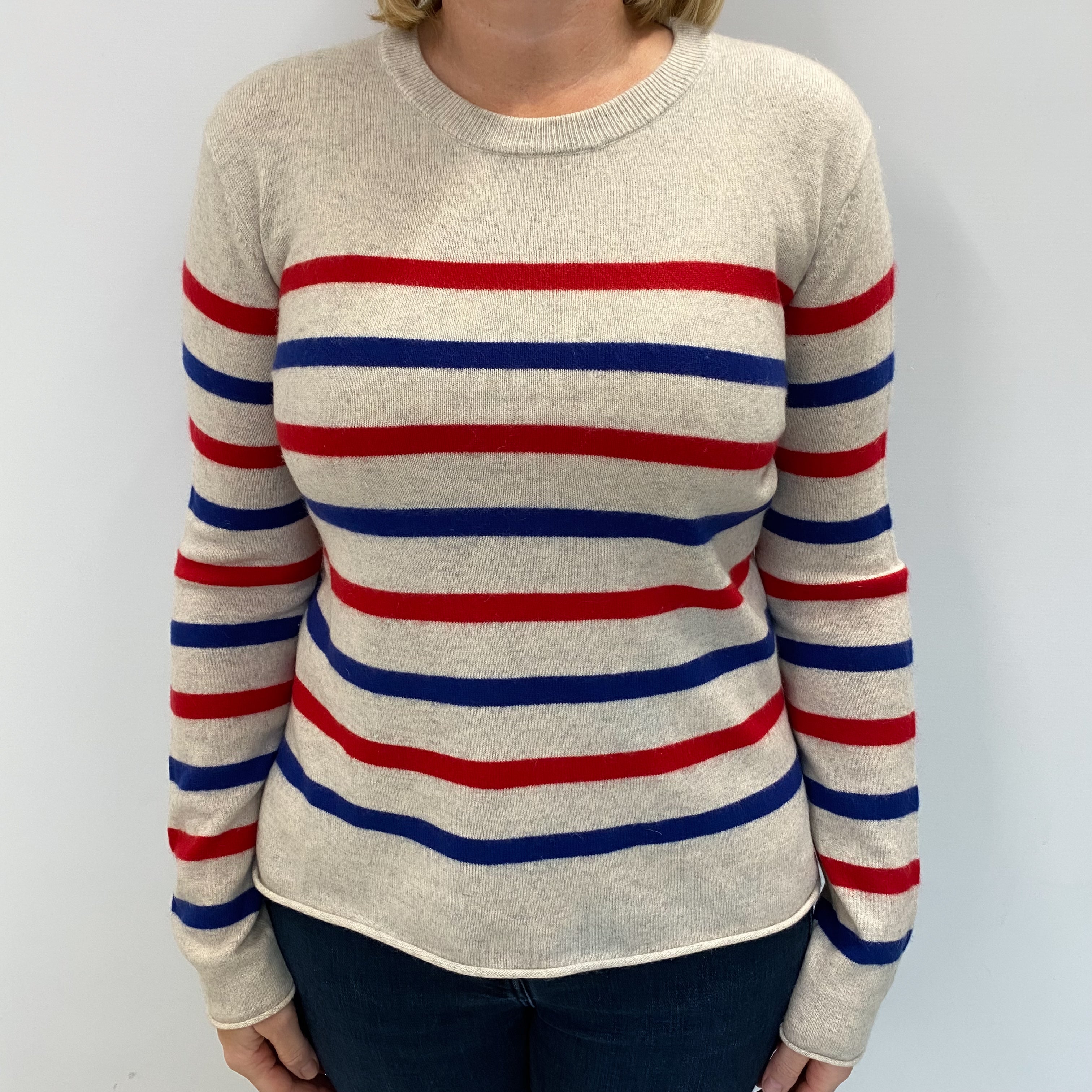 Ash Grey Striped Cashmere Crew Neck Jumper Large