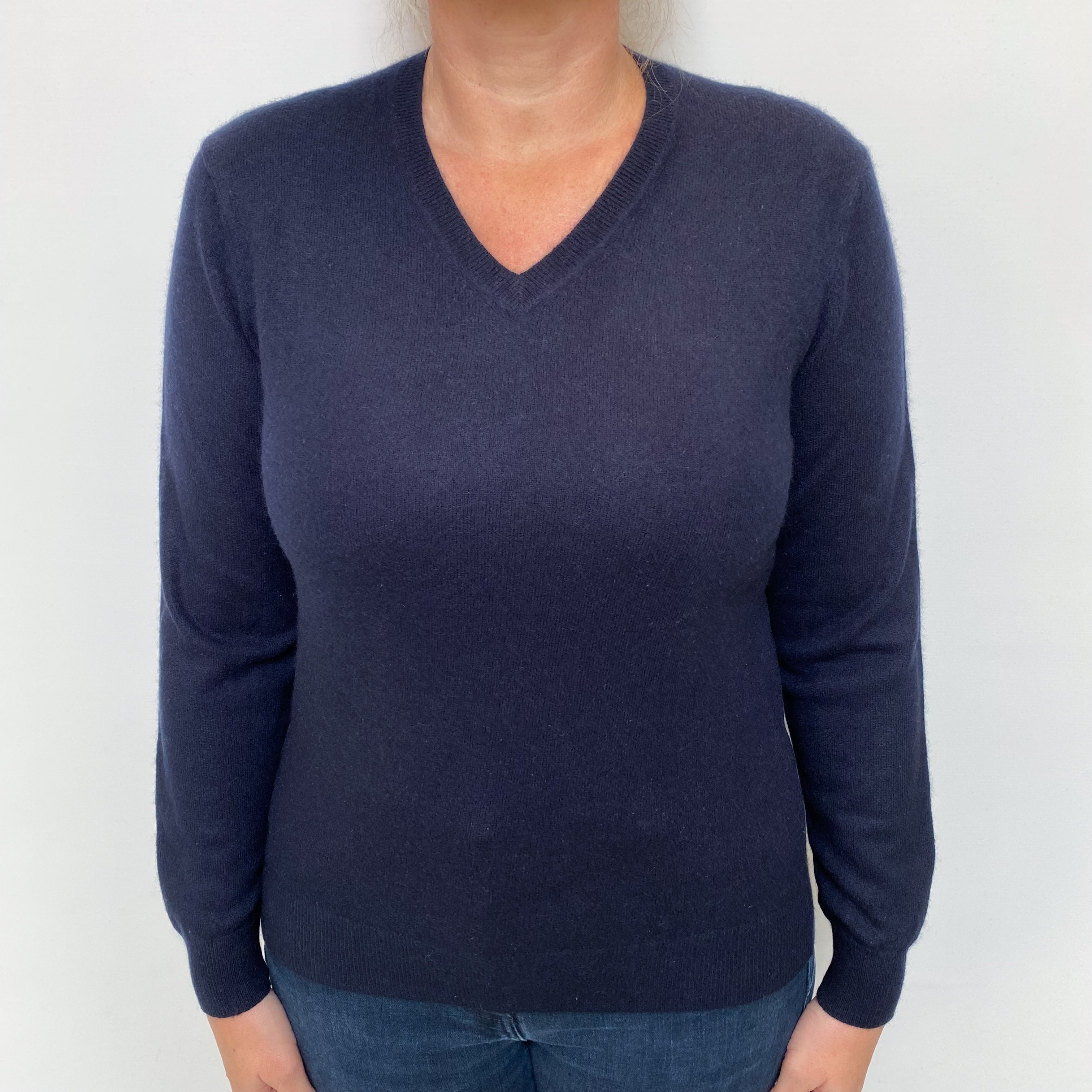 Navy Blue Cashmere V Neck Jumper Large
